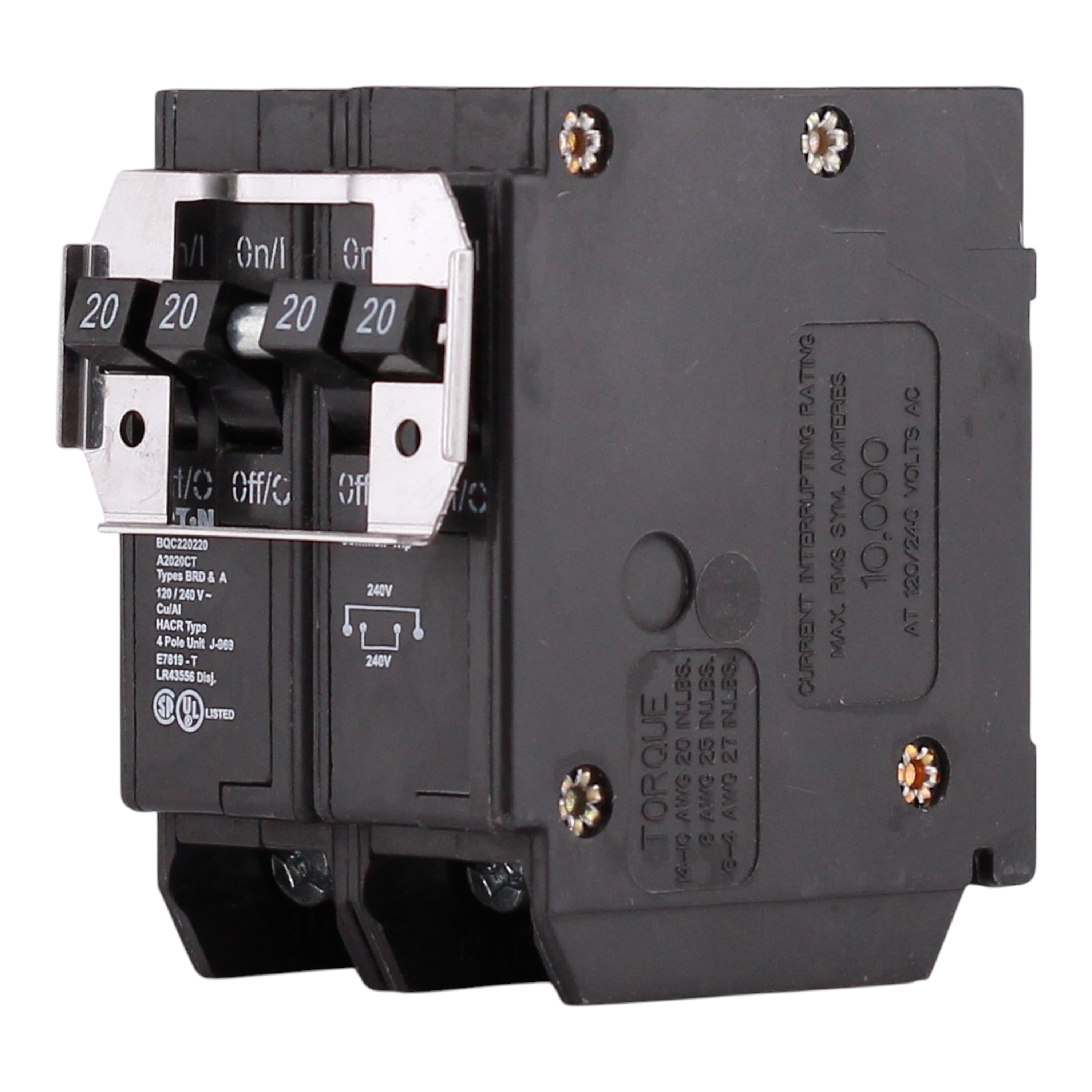 Eaton BQC220220, (2) 20A, 120/240V, 4-Pole, 10kA, Thermal Magnetic Circuit Breaker, Plug-On, for Type BR Load Centers - Image 2