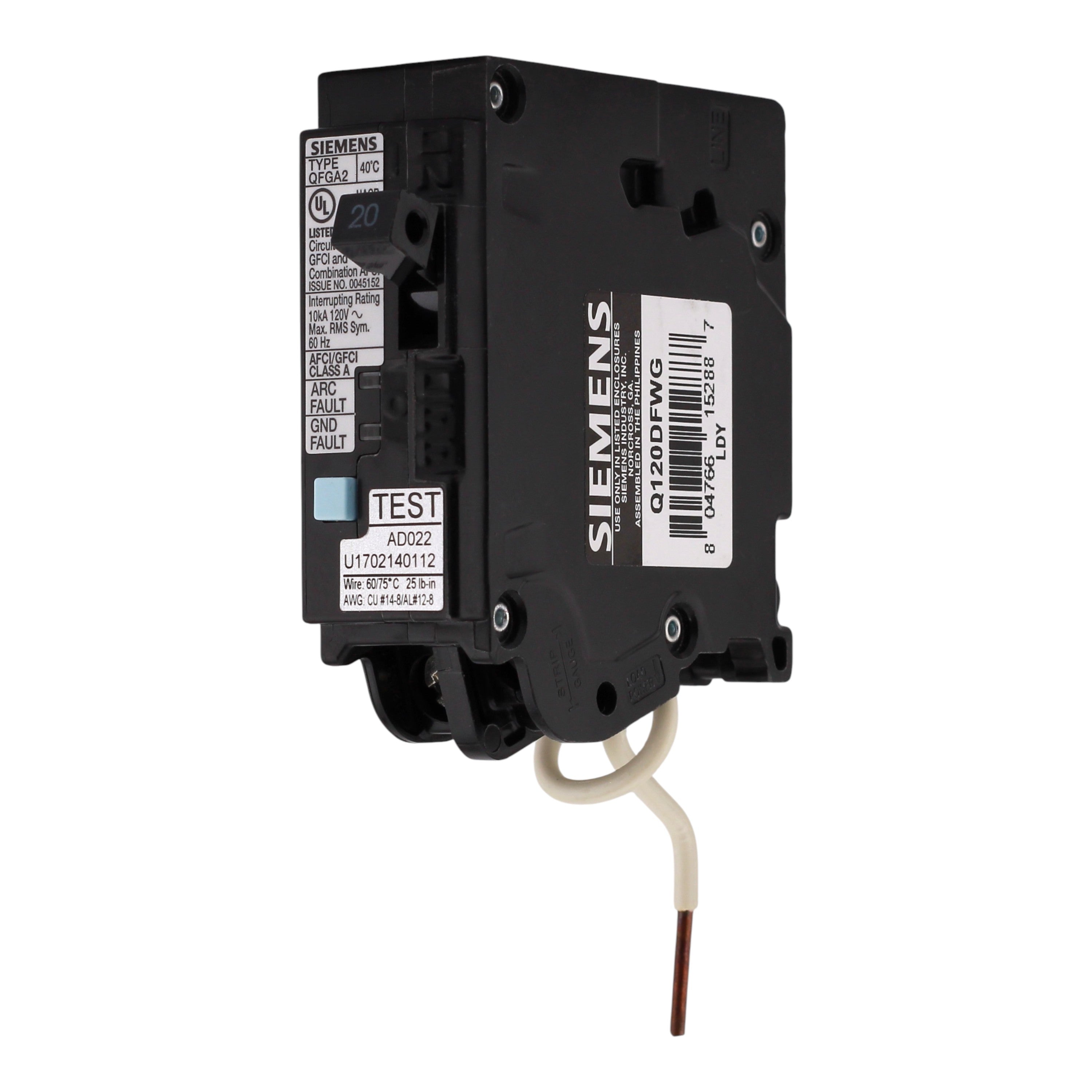 Siemens Q Q120DFWG 20A 1P 120V AFCI/GFCI Short Pigtail Neutral Circuit Breaker - Image 2