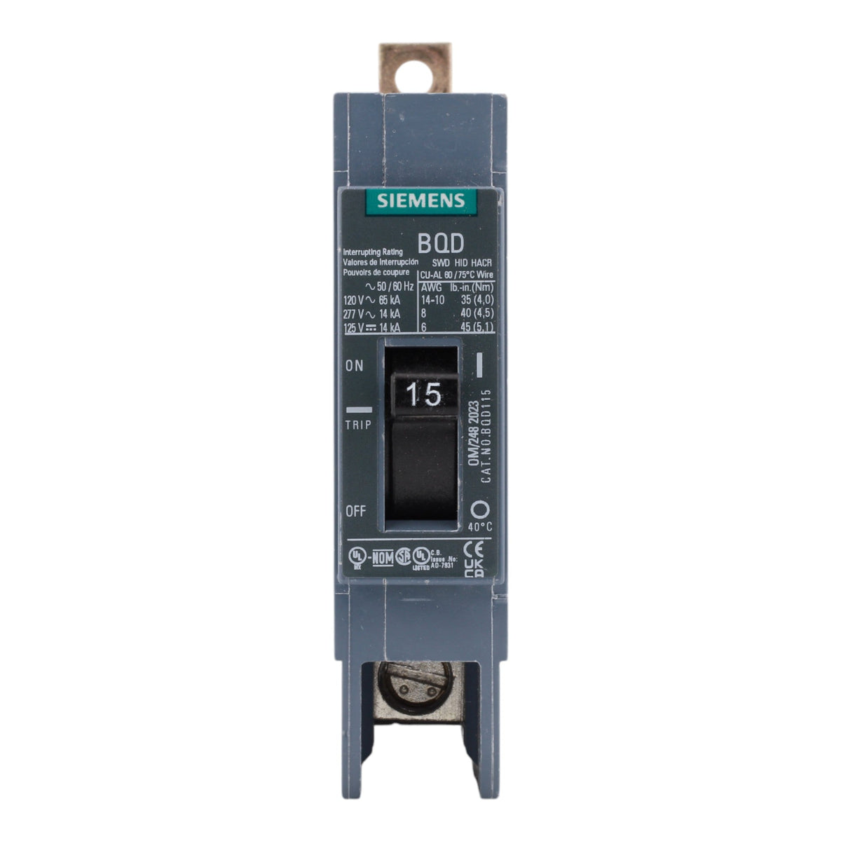 Siemens BQD115, 15A, 277V, 1-Pole Molded Case Circuit Breaker, Thermal Magnetic, 14kA Interrupt Rating - Image 2