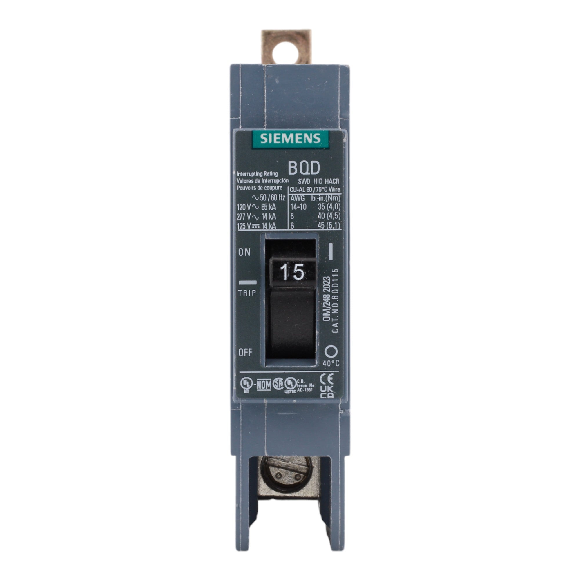 Siemens BQD115, 15A, 277V, 1-Pole Molded Case Circuit Breaker, Thermal Magnetic, 14kA Interrupt Rating - Image 2