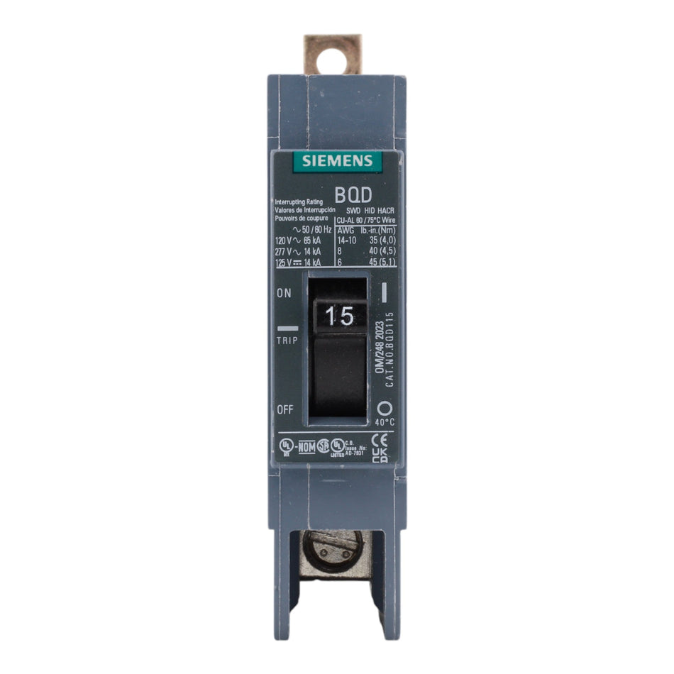 Siemens BQD115, 15A, 277V, 1-Pole Molded Case Circuit Breaker, Thermal Magnetic, 14kA Interrupt Rating - Image 2