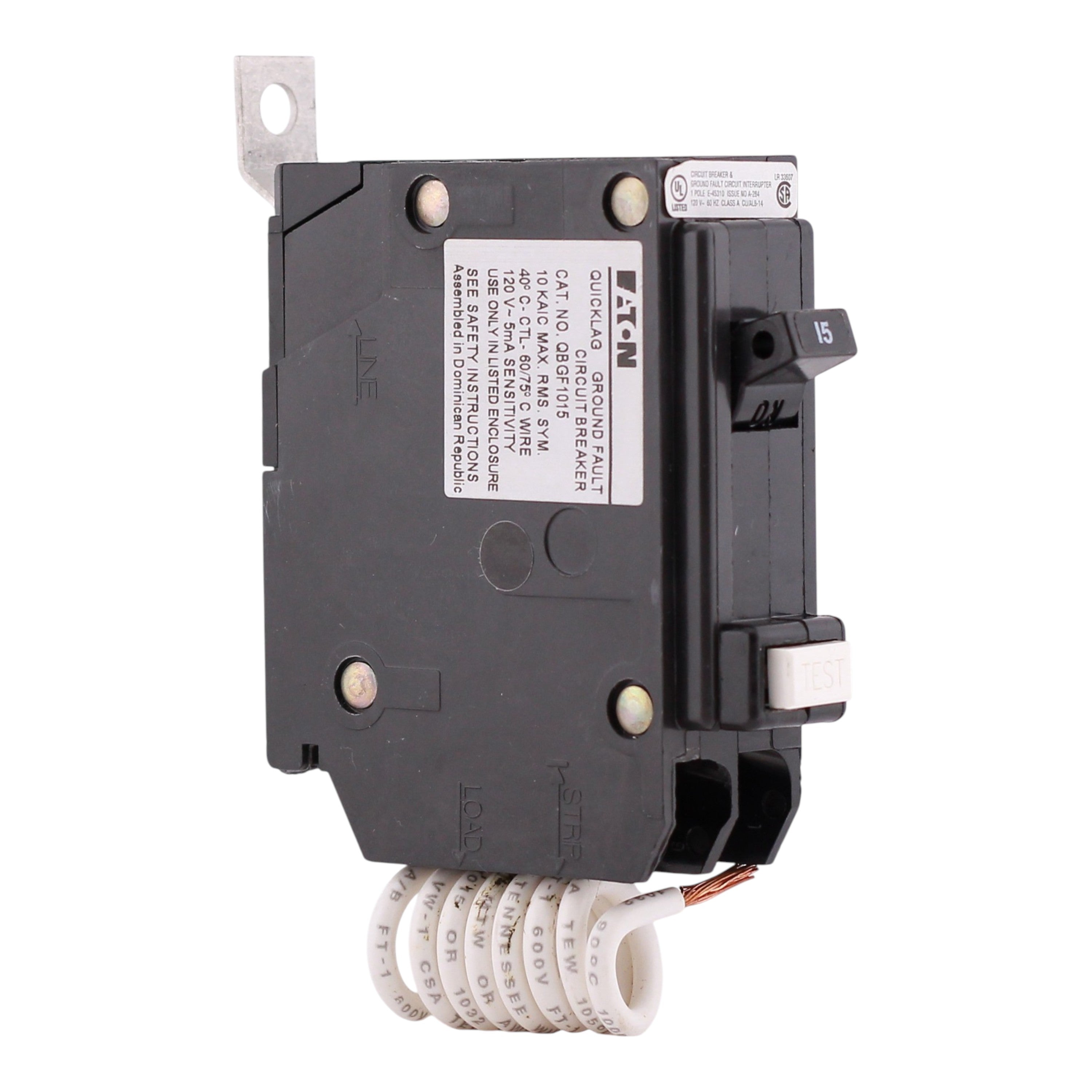 Eaton QB, QBGF1015, 15A, 1P, 120V, GFCI, Pigtail Neutral, Circuit Breaker