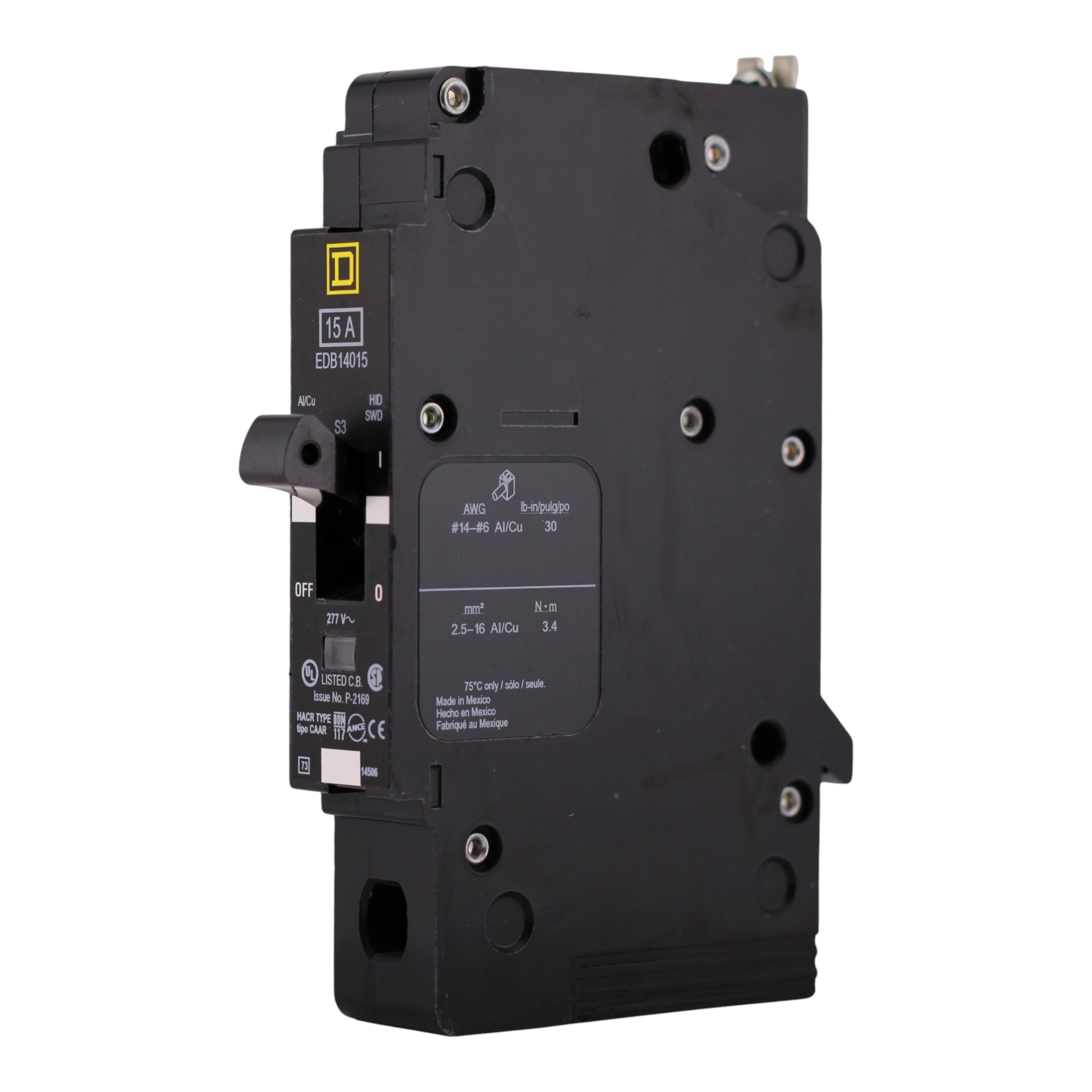 Square D E-Frame, EDB14015, 15A, 1P, 277V, 25kA, Bolt-On, Circuit Breaker - Image 2
