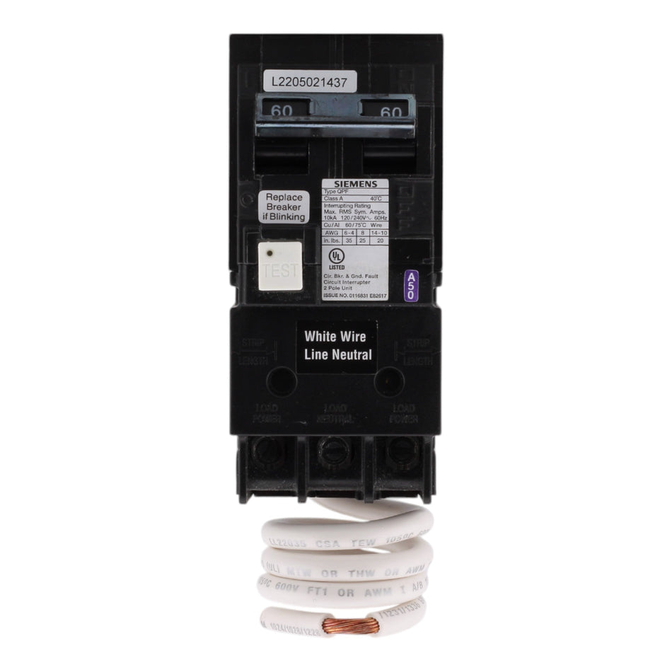 Siemens QF260A 60 Amps 120/240 Volts Two-Pole Ground Fault Circuit Interrupter Pigtail Neutral - Image 2