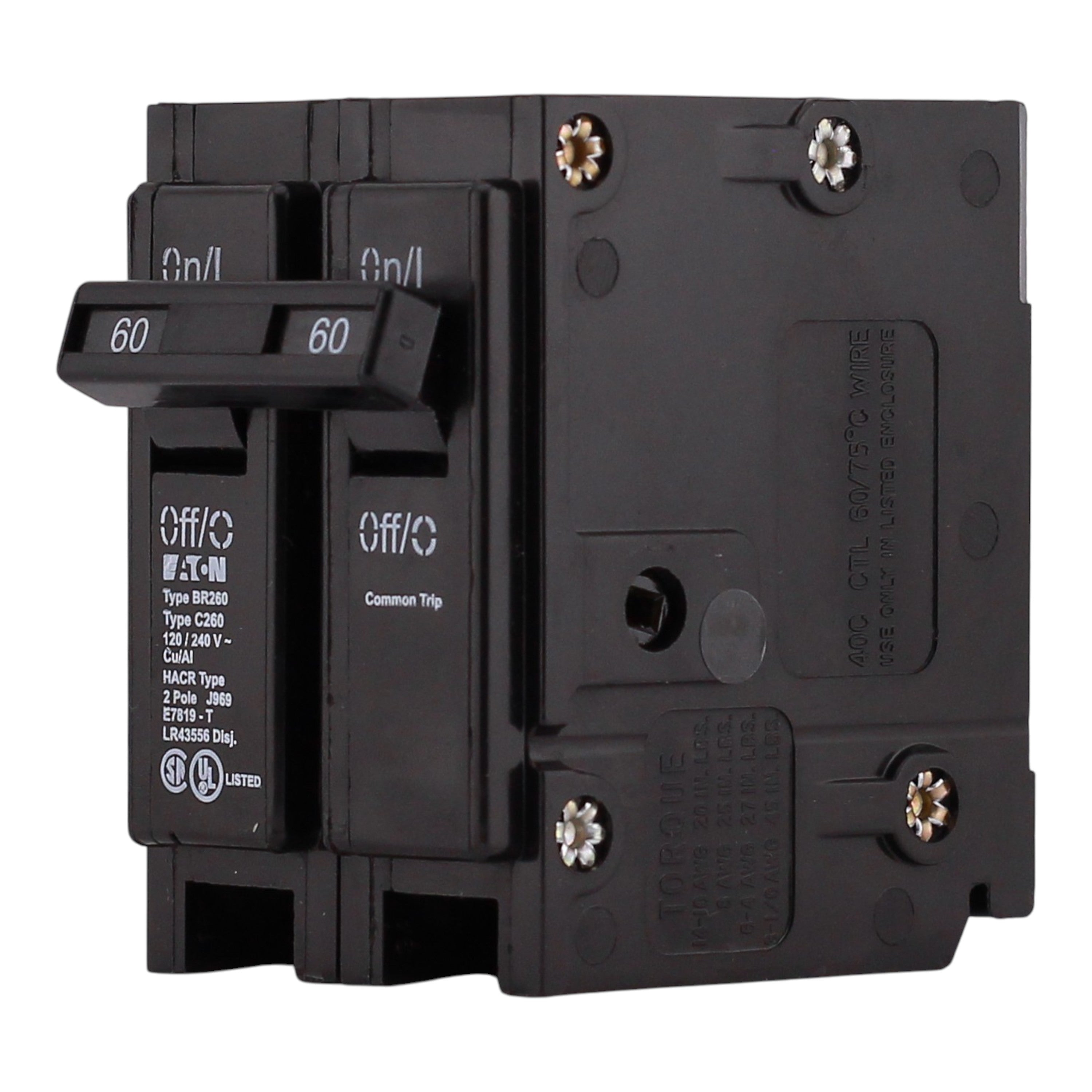 Eaton BR, BR260, 60A, 2P, 120/240V, Thermal Magnetic, Plug-On, Circuit Breaker - Image 2