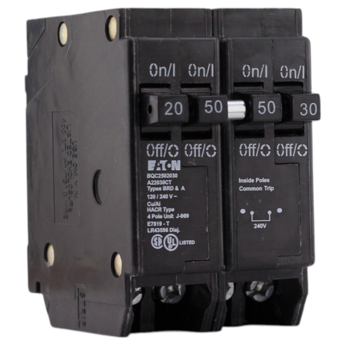 Eaton BR, BQC2502030, 20A/30A/50A, 4P, 120/240V, 10kAIC, CTL Quadplex, Plug-On, Circuit Breaker