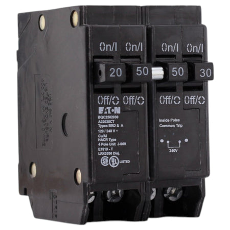 Eaton BR, BQC2502030, 20A/30A/50A, 4P, 120/240V, 10kAIC, CTL Quadplex, Plug-On, Circuit Breaker