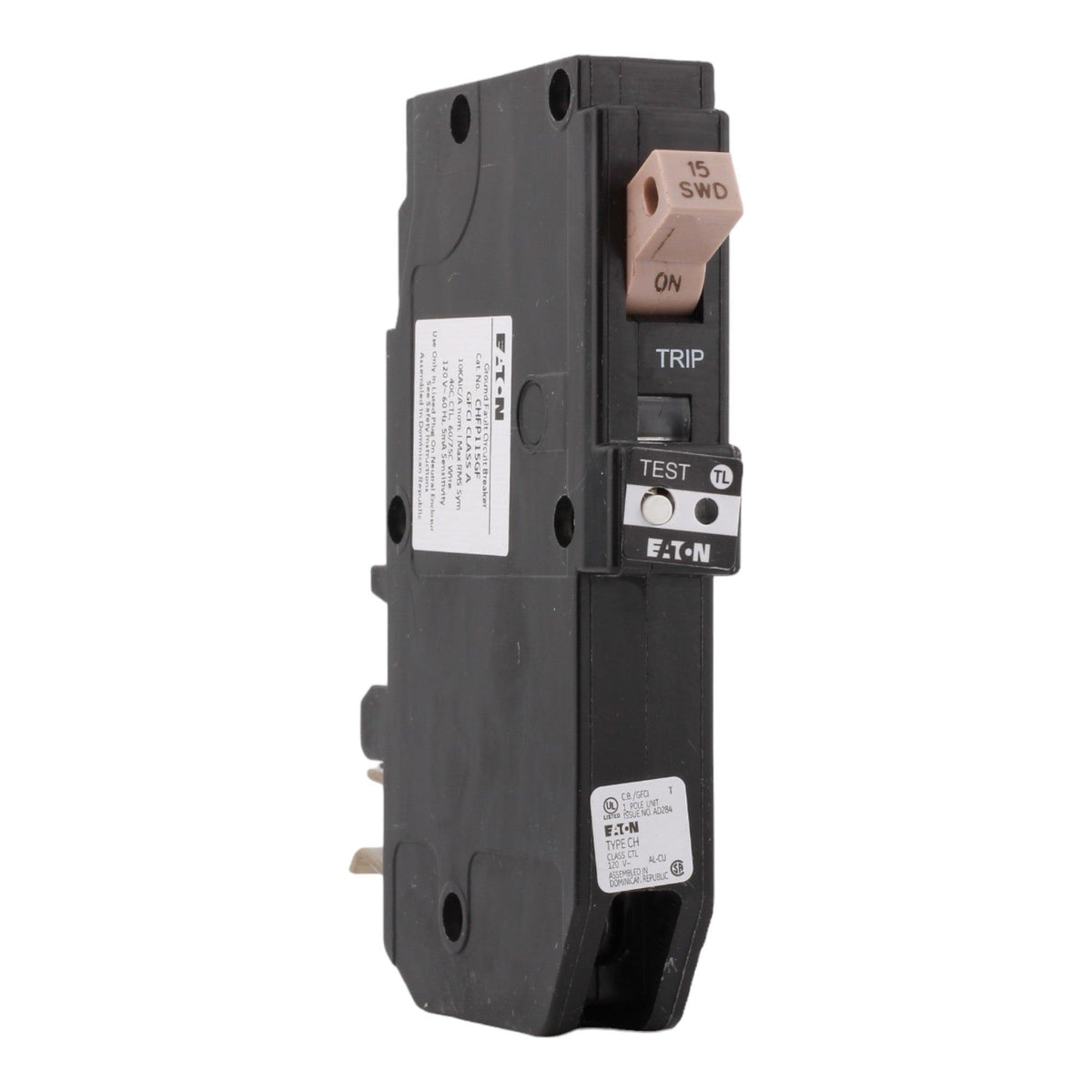 Eaton CHFP115GF, 15 Amps, 120/240 Volts, Single Pole, GFCI Ground Fault Circuit Breaker, Plug-On Neutral, for CH Loadcenters
