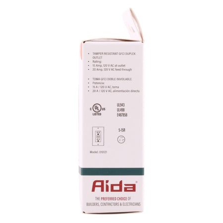 Aida 15A GFCI Receptacle w/ LED, Self-Test, TR, 120V, White - Image 3