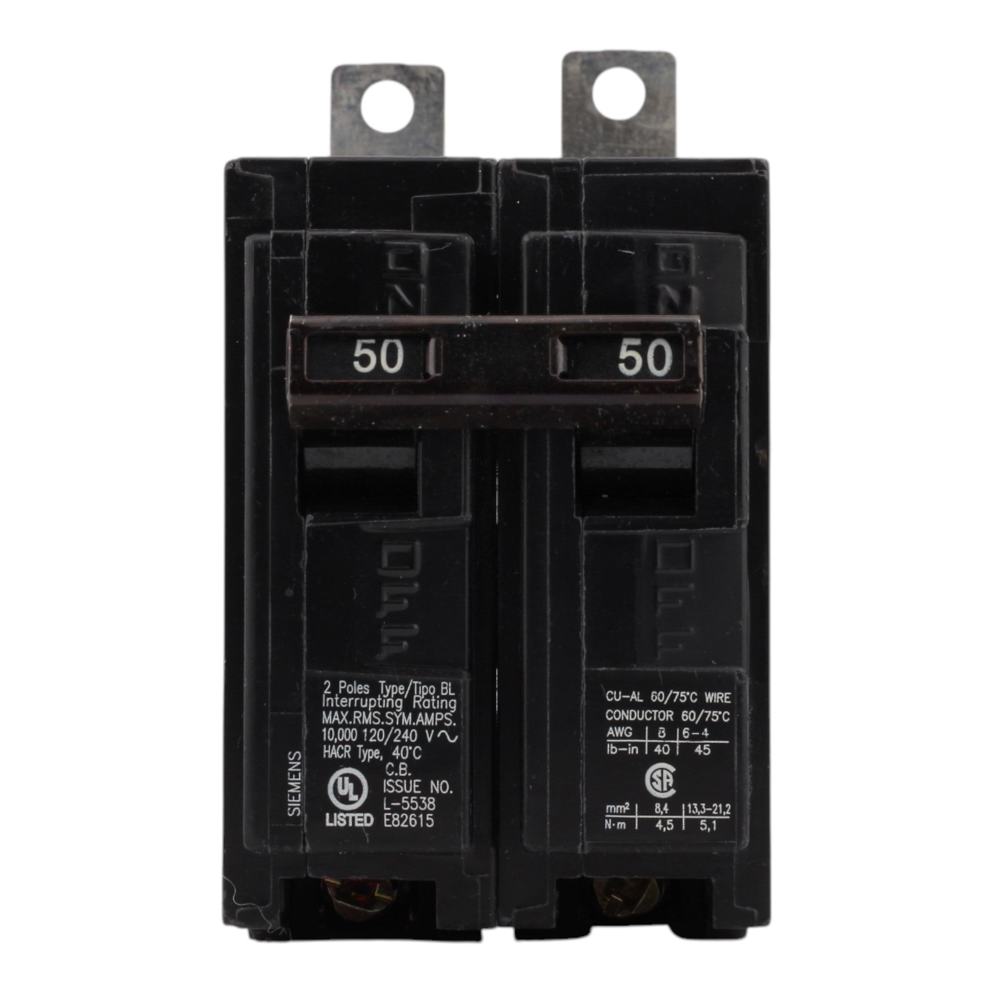 Siemens B250 50A 120/240V 2-Pole Thermal Magnetic Circuit Breaker, Type BL, 10kA Interrupt - Image 2