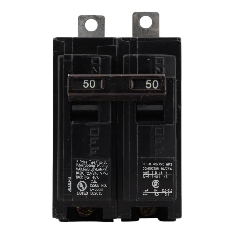 Siemens B250 50A 120/240V 2-Pole Thermal Magnetic Circuit Breaker, Type BL, 10kA Interrupt - Image 2