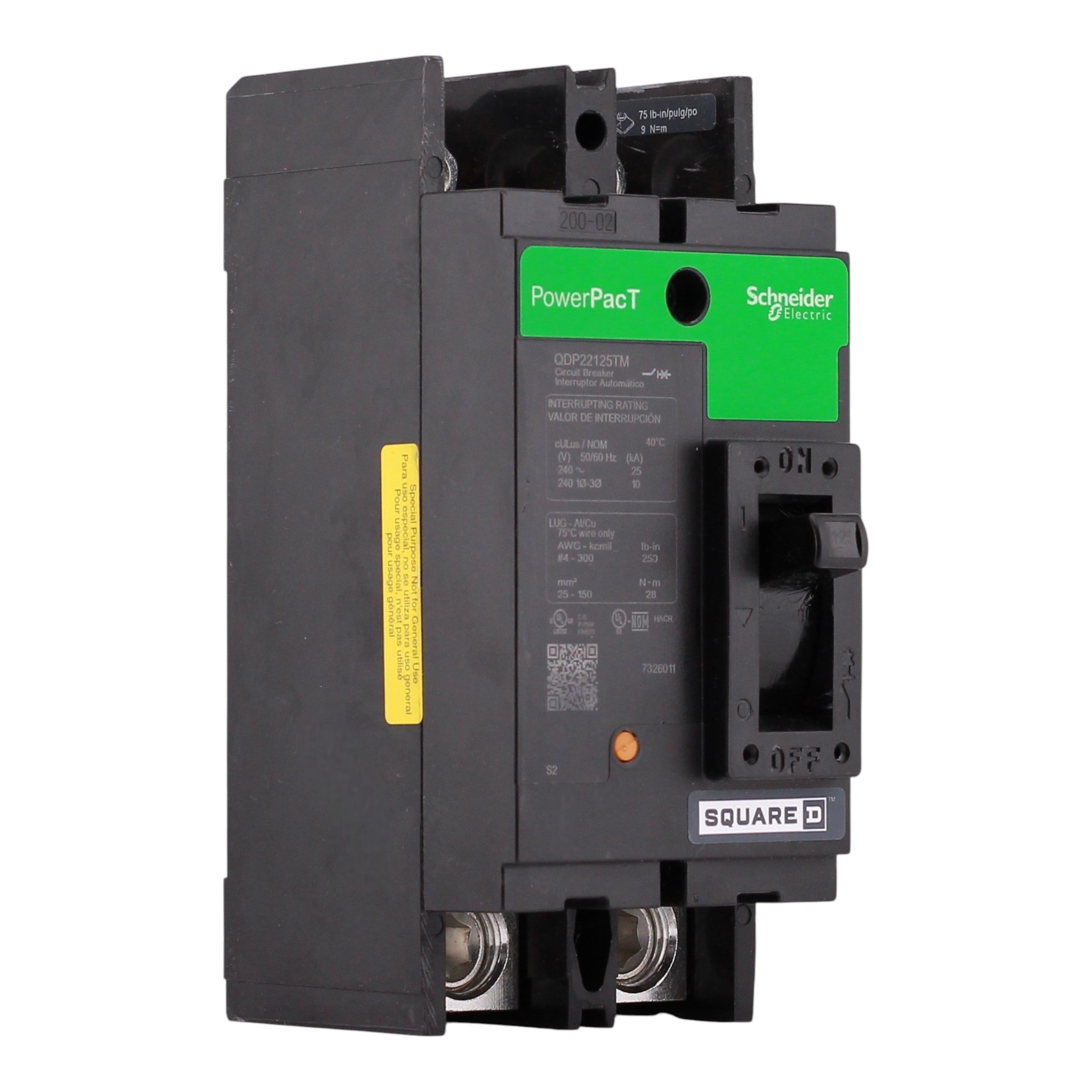 Square D PowerPact Q, QDP22125TM, 125A, 2P, 240V, Bolt-On, Circuit Breaker