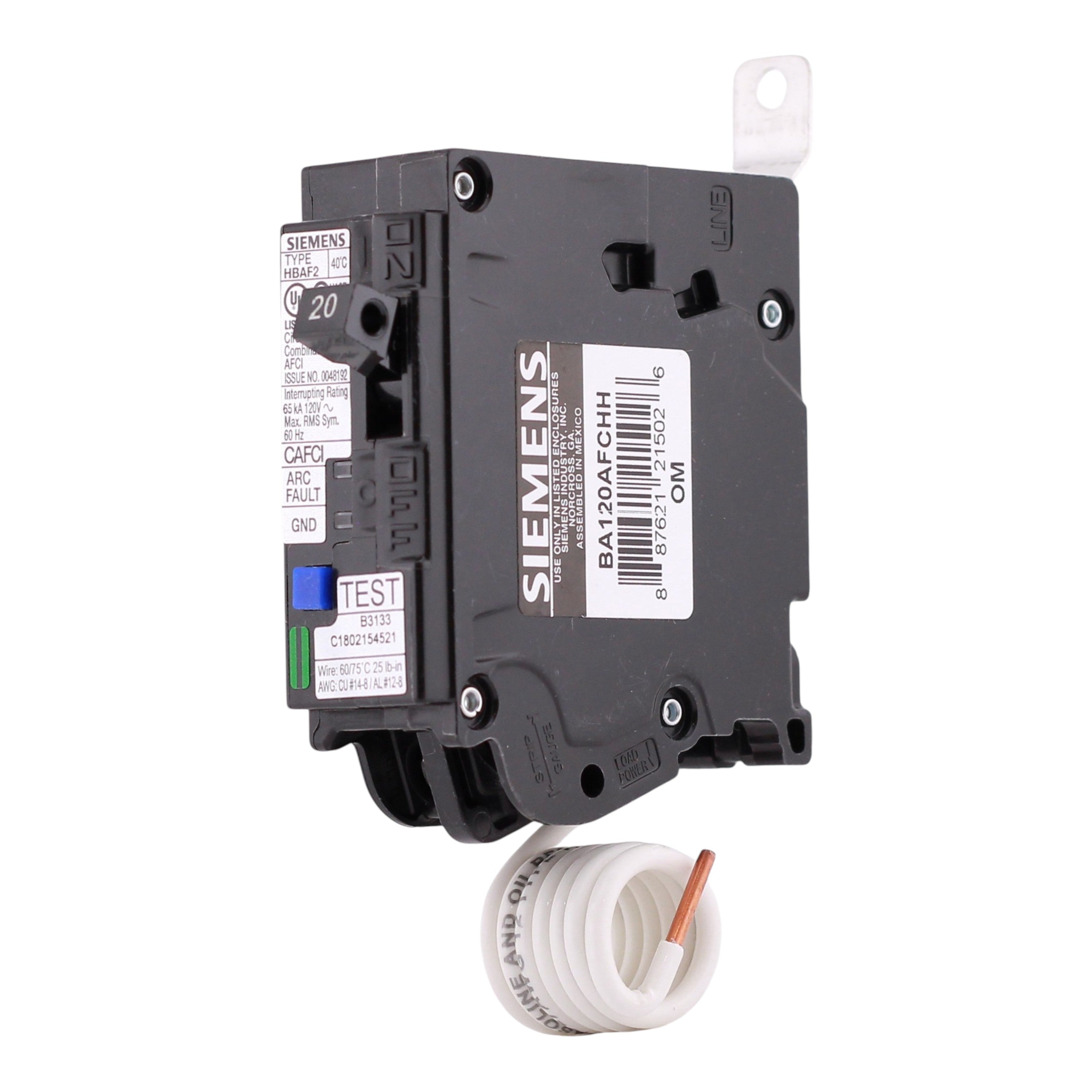 Siemens BA120AFCHH, 20A, 120V, 1-Pole, AFCI Circuit Breaker, 65kA Interrupt Rating, Thermal Magnetic, Panelboard Mounting - Image 2