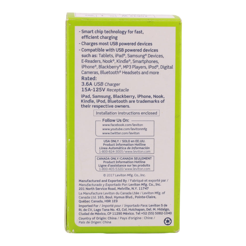 Leviton Decora T5632-W 15A USB Type-A/Type-A Charger Tamper-Resistant Outlet White - Image 2