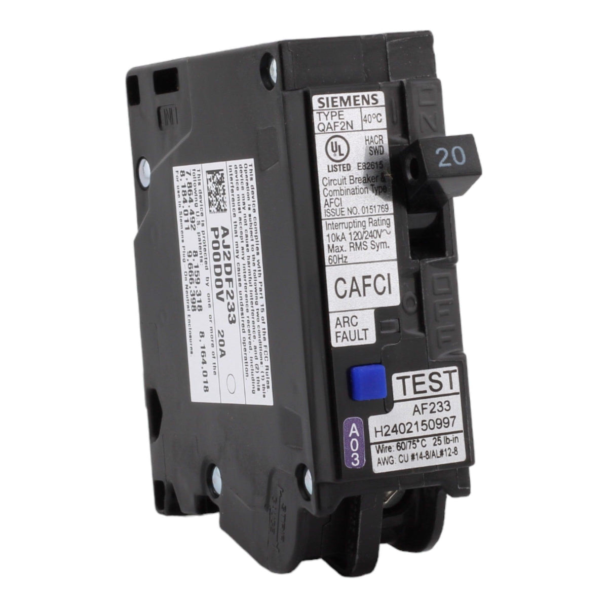 Siemens QA120AFCN 20A 1P 120V AFCI Plug on Neutral Circuit Breaker