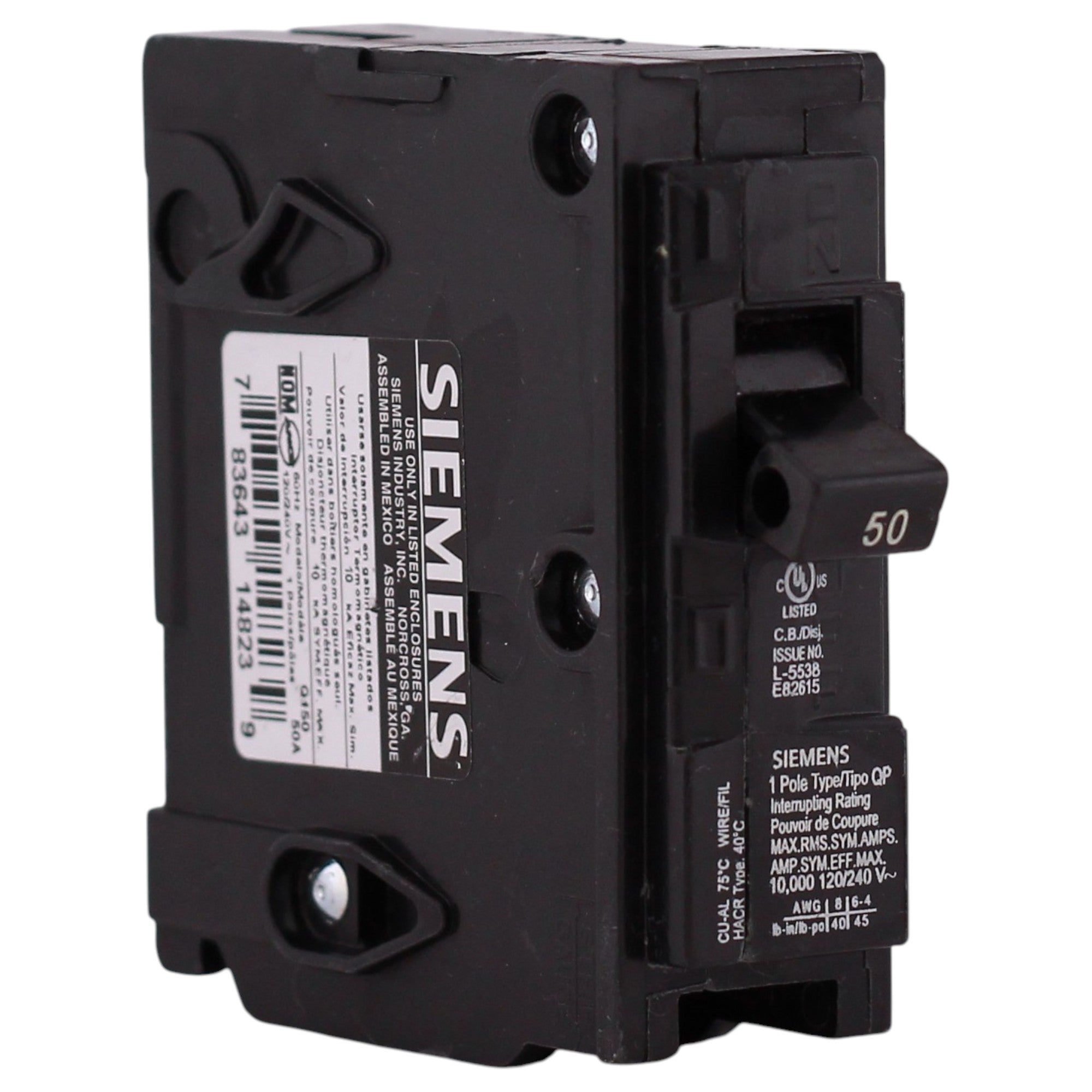 Siemens QP, Q150, 50A, 1P, 120V, Thermal Magnetic, Plug-In, Circuit Breaker