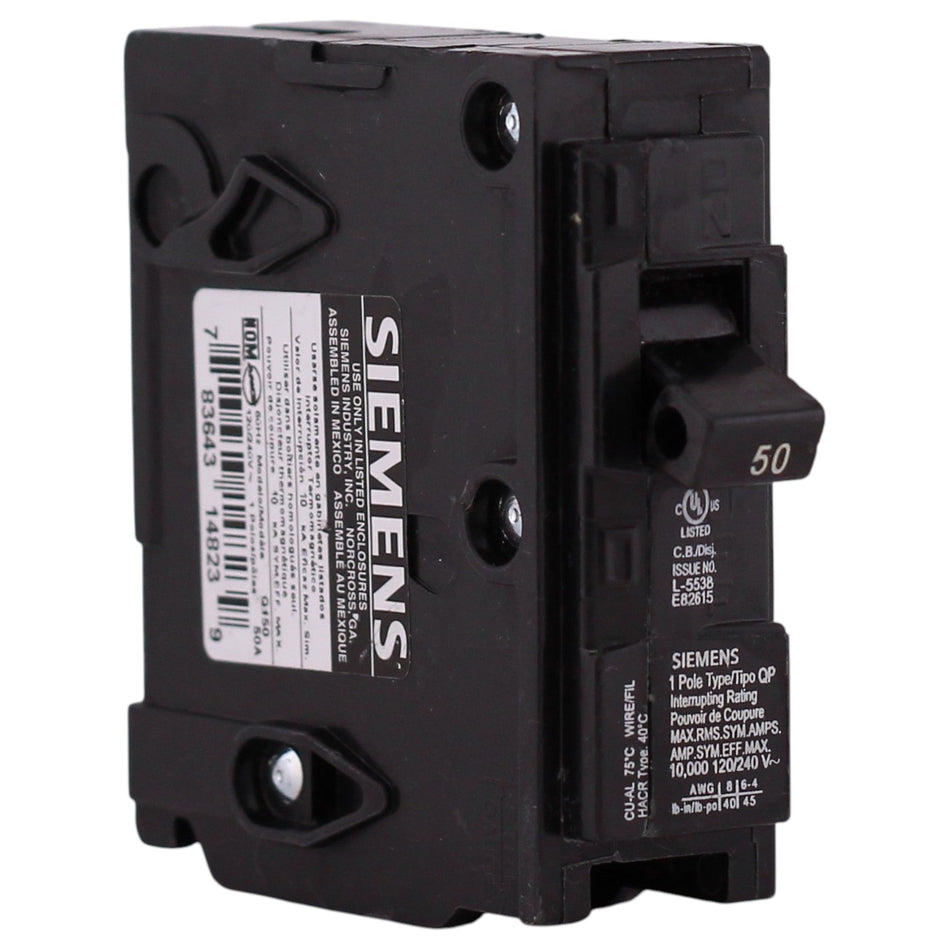 Siemens QP, Q150, 50A, 1P, 120V, Thermal Magnetic, Plug-In, Circuit Breaker