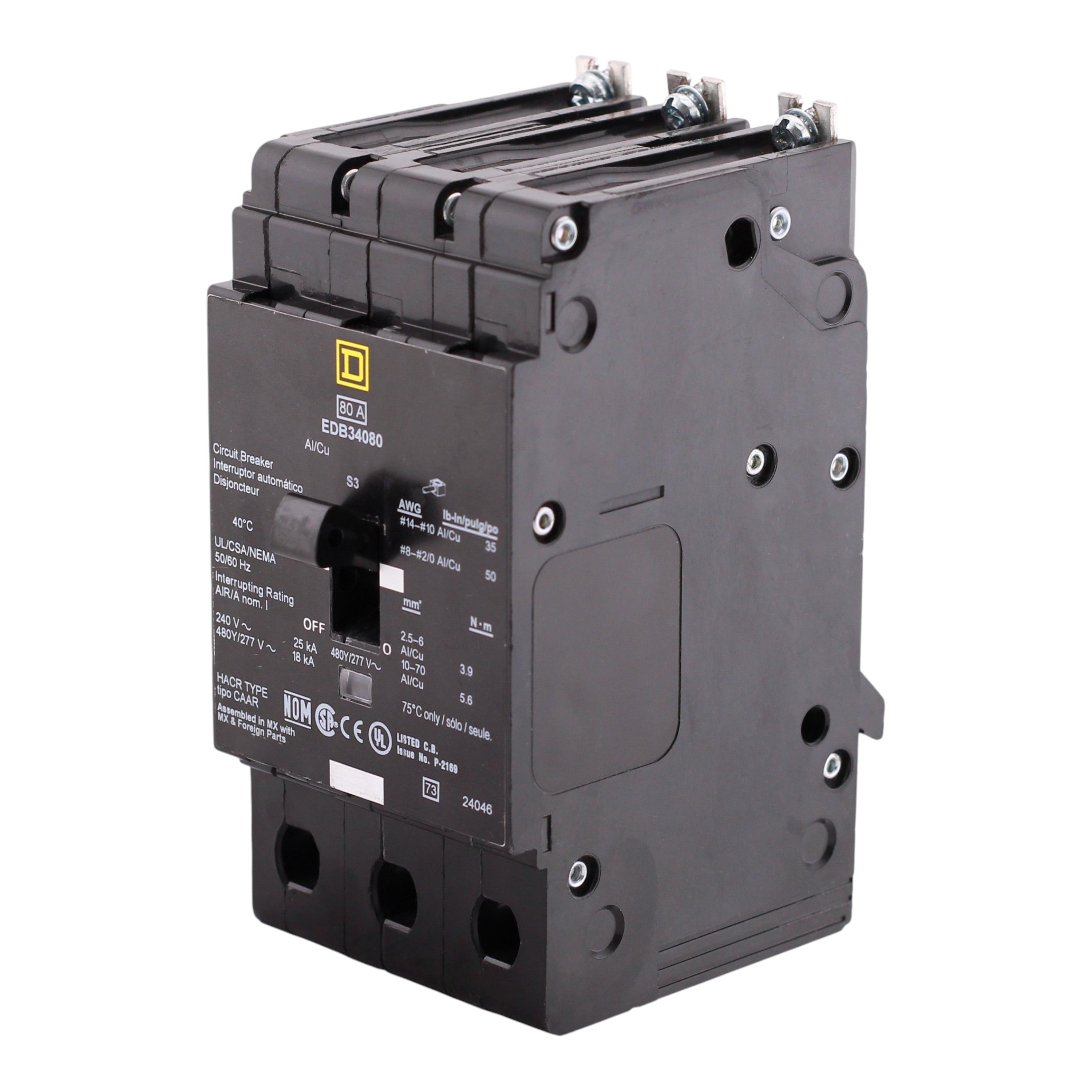 Square D E-Frame, EDB34080, 80A, 3P, 480Y/277VAC, 25kA, Bolt-On, Thermal Magnetic, Circuit Breaker - Image 2