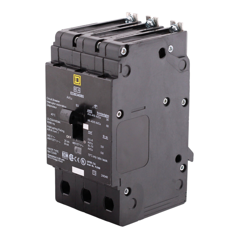 Square D E-Frame, EDB34080, 80A, 3P, 480Y/277VAC, 25kA, Bolt-On, Thermal Magnetic, Circuit Breaker - Image 2