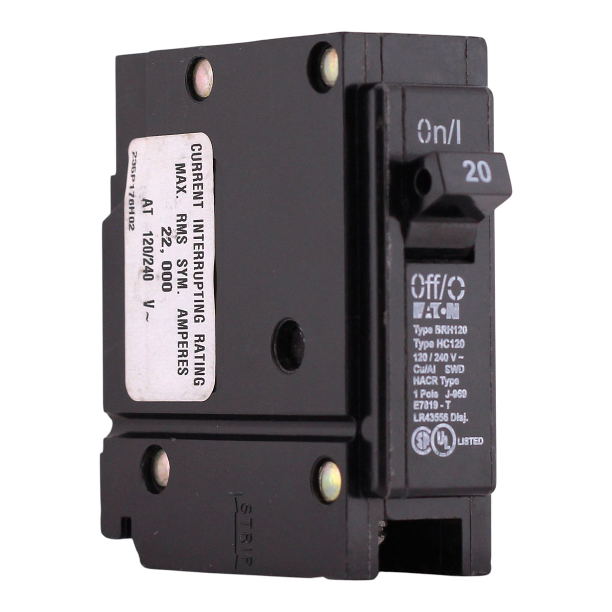 Eaton BRH, BRH120, 20A, 1P, 120/240V, Thermal Magnetic, Plug-On, High Interrupt, Circuit Breaker - Image 3