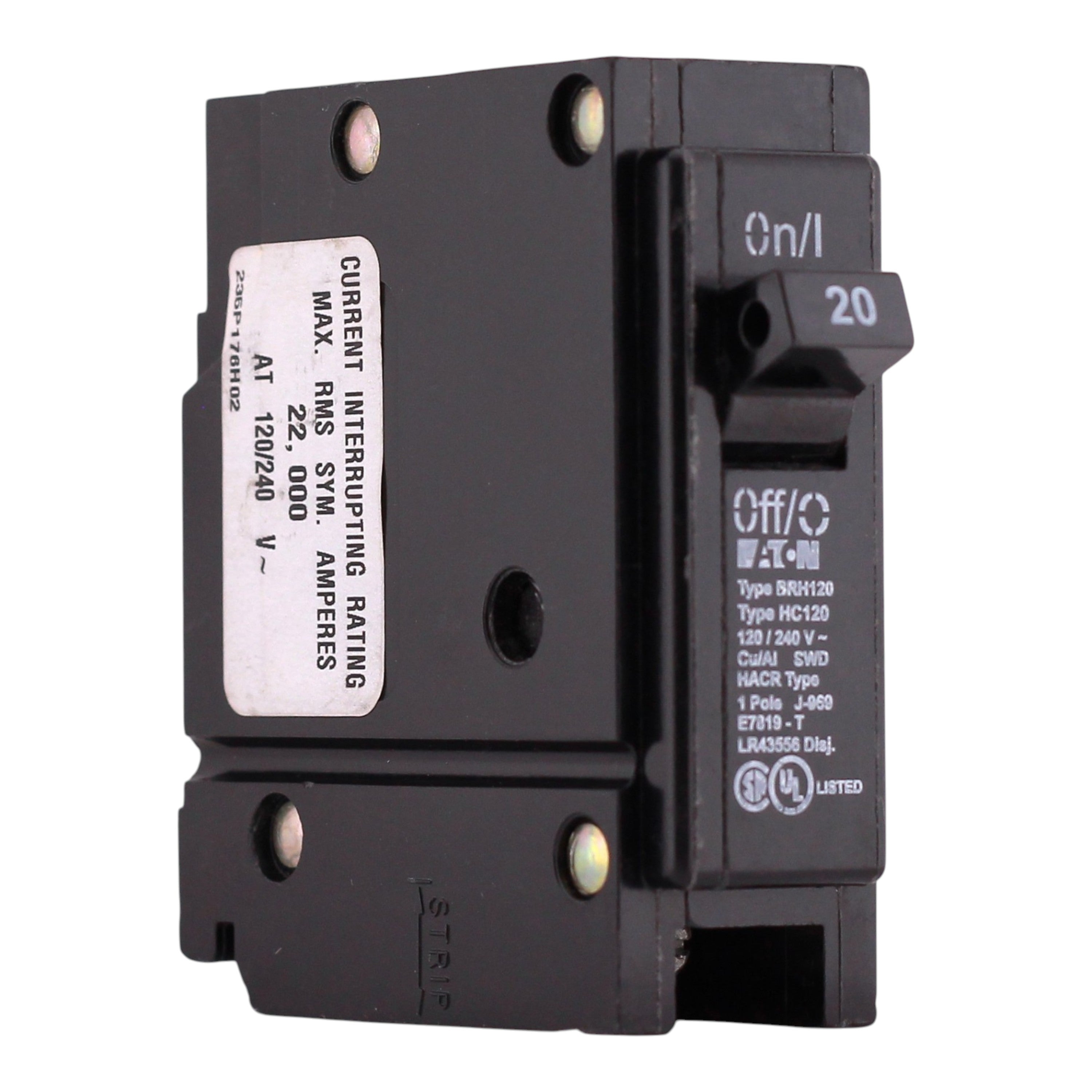 Eaton BRH, BRH120, 20A, 1P, 120/240V, Thermal Magnetic, Plug-On, High Interrupt, Circuit Breaker - Image 3