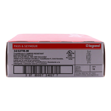 Pass & Seymour Trademaster PACK-10  3232TRW 15A 125V Tamper-Resistant Duplex Receptacle White - Image 3