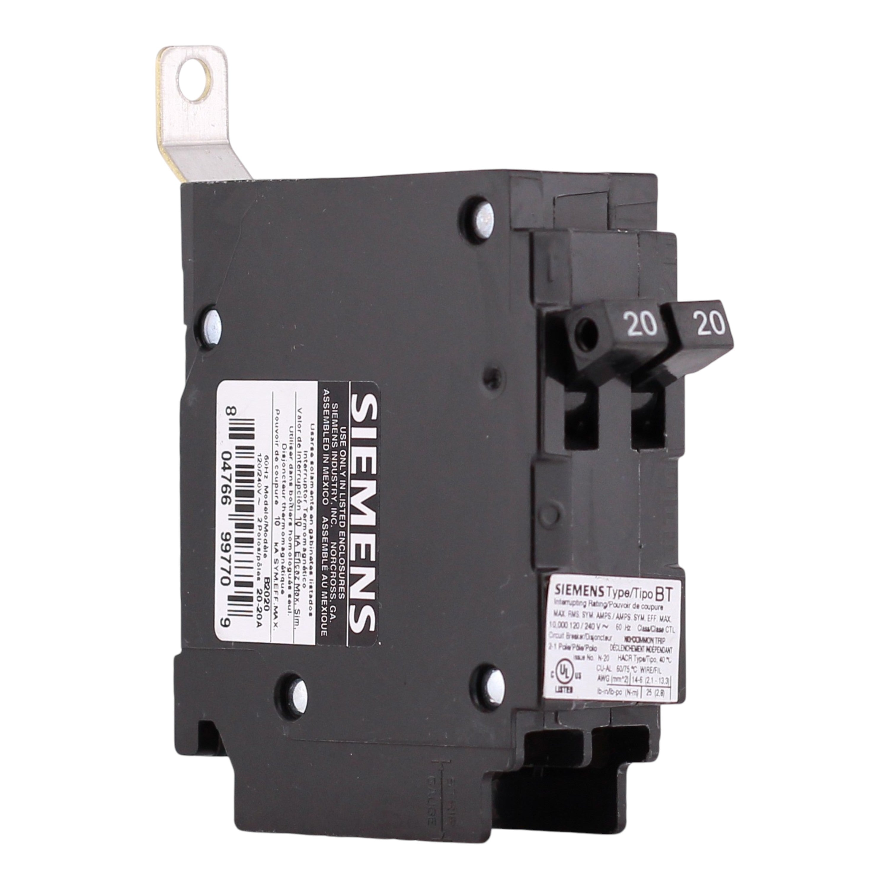 Siemens BT, B2020, 20/20A, 1P, 120V, Duplex, Bolt-On, Circuit Breaker