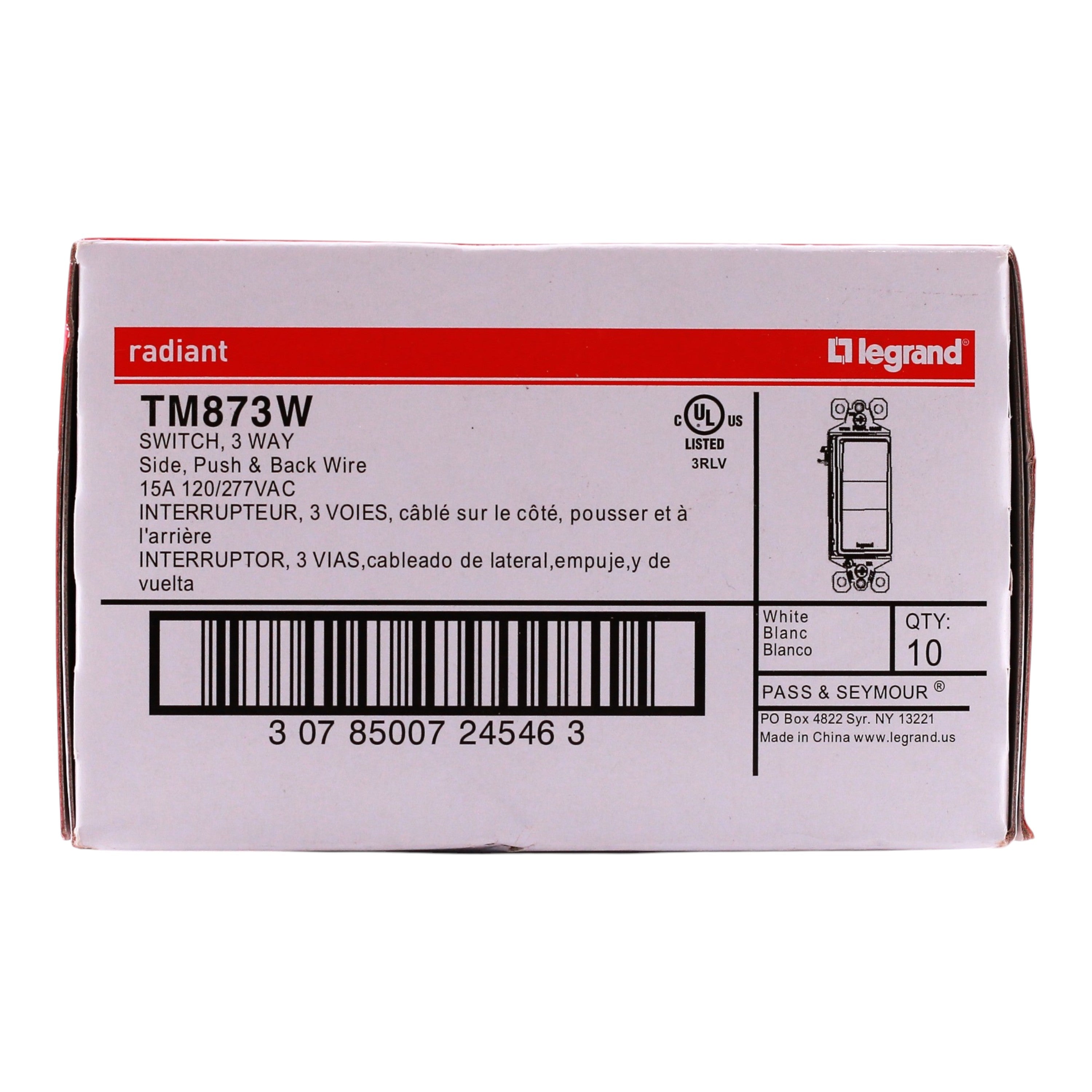 Pass & Seymour, Radiant, NEW - 10-PACK  TM873W, 15A, 3-Way, 120/277V, Decorator Switch, White - Image 3