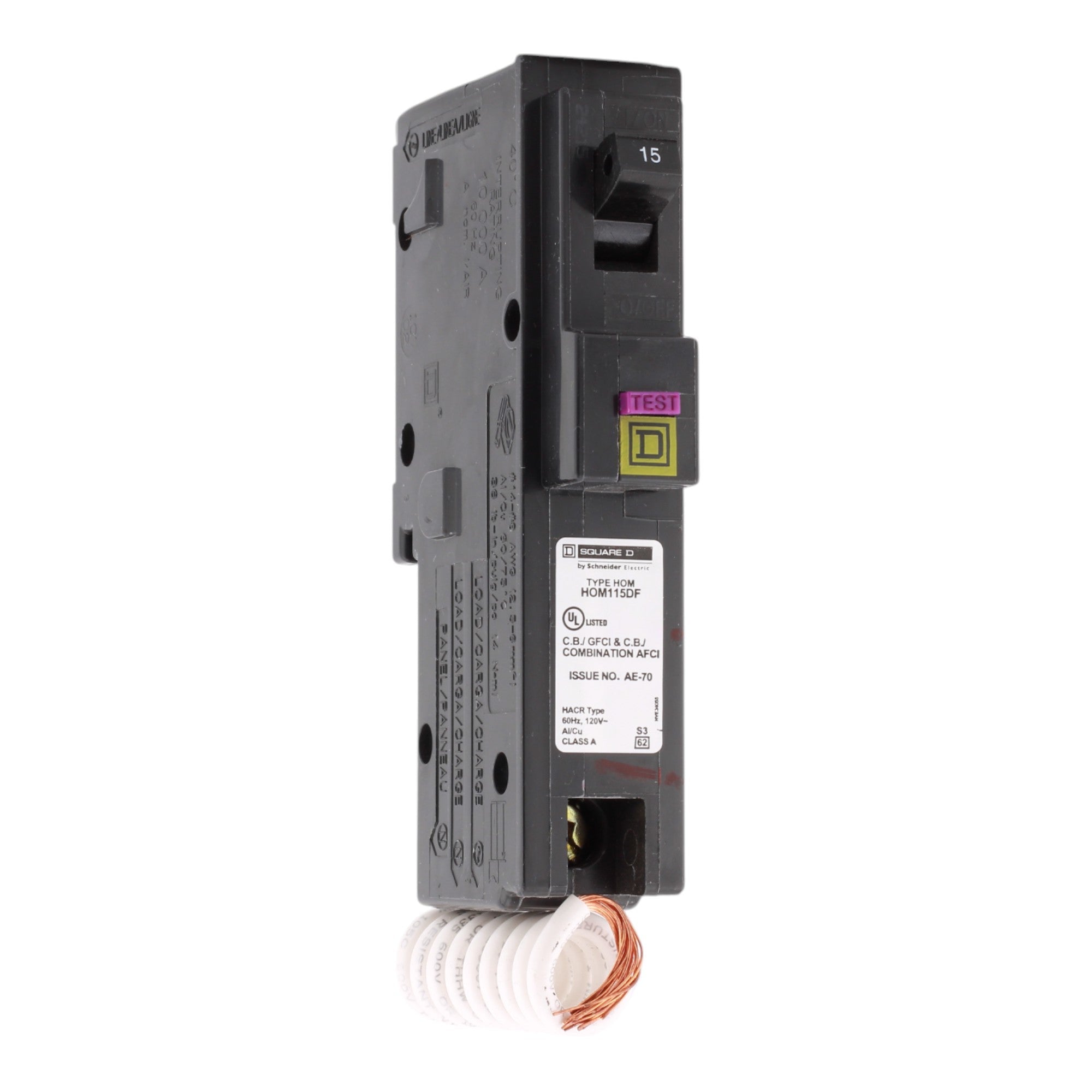 Square D Homeline HOM115DF 15A 1P 120V AFCI/GFCI Pigtail Neutral Circuit Breaker