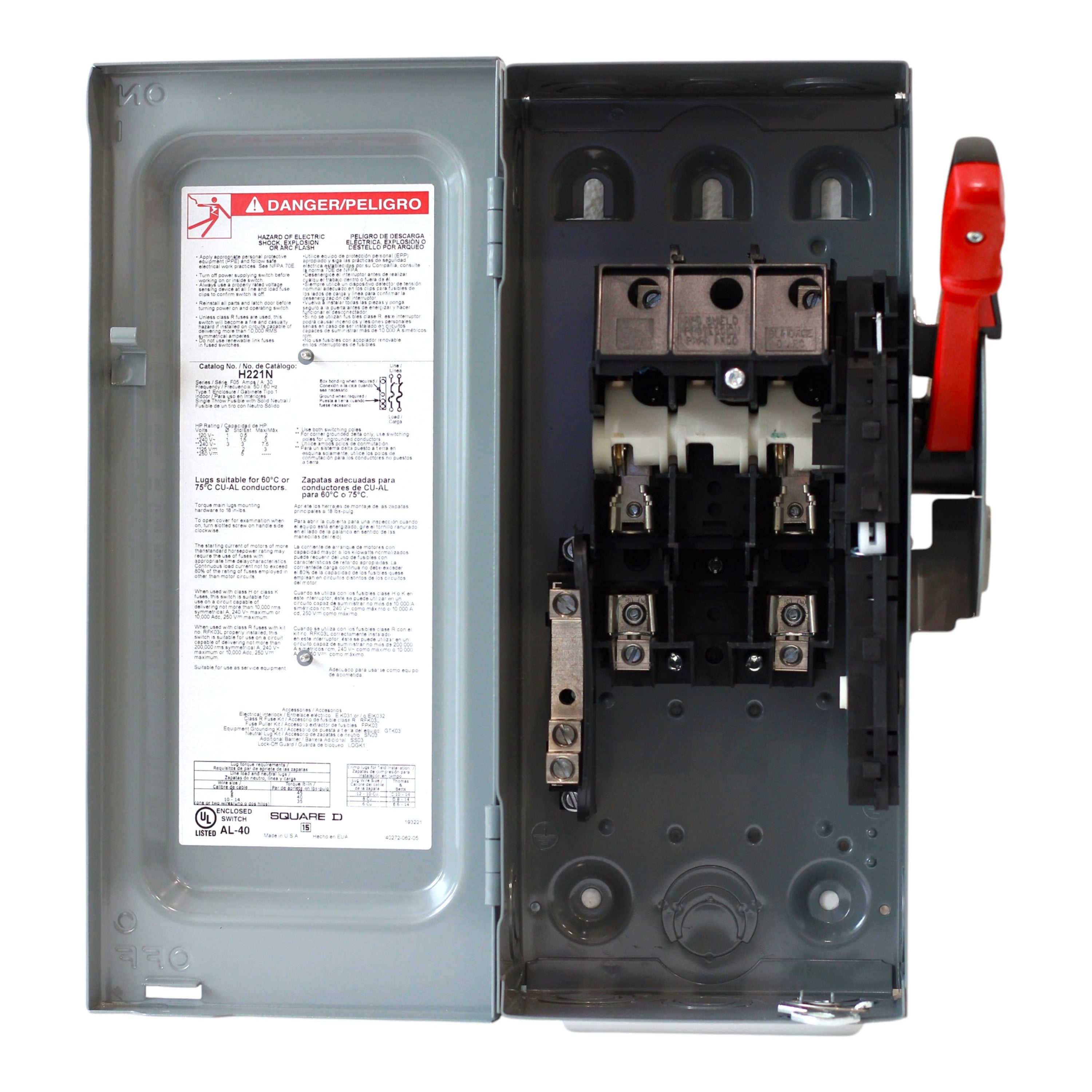 Square D, H221N, 30A, 2-Pole, 240VAC/250VDC, NEMA 1, Heavy Duty Fusible Safety Switch - Image 3