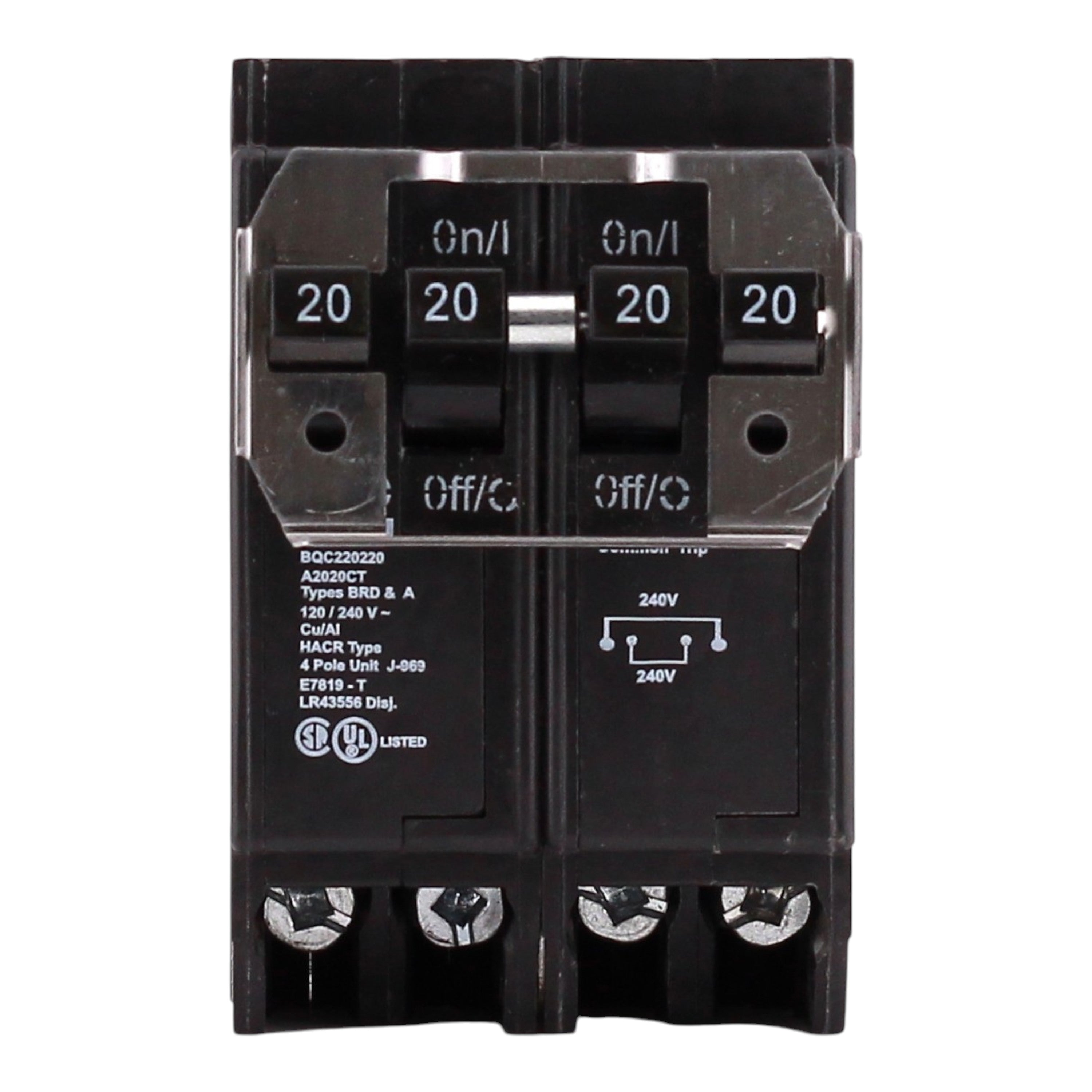 Eaton BQC220220, (2) 20A, 120/240V, 4-Pole, 10kA, Thermal Magnetic Circuit Breaker, Plug-On, for Type BR Load Centers - Image 3