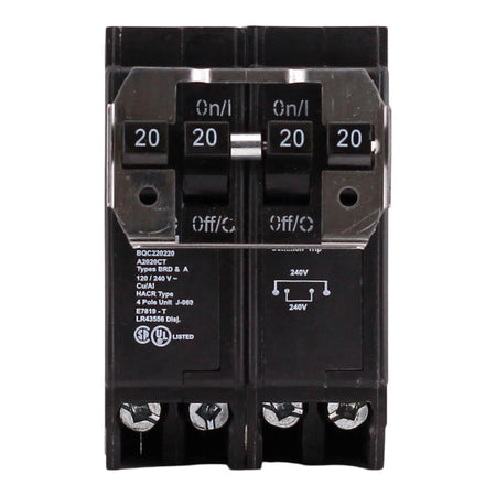 Eaton BQC220220, (2) 20A, 120/240V, 4-Pole, 10kA, Thermal Magnetic Circuit Breaker, Plug-On, for Type BR Load Centers - Image 3