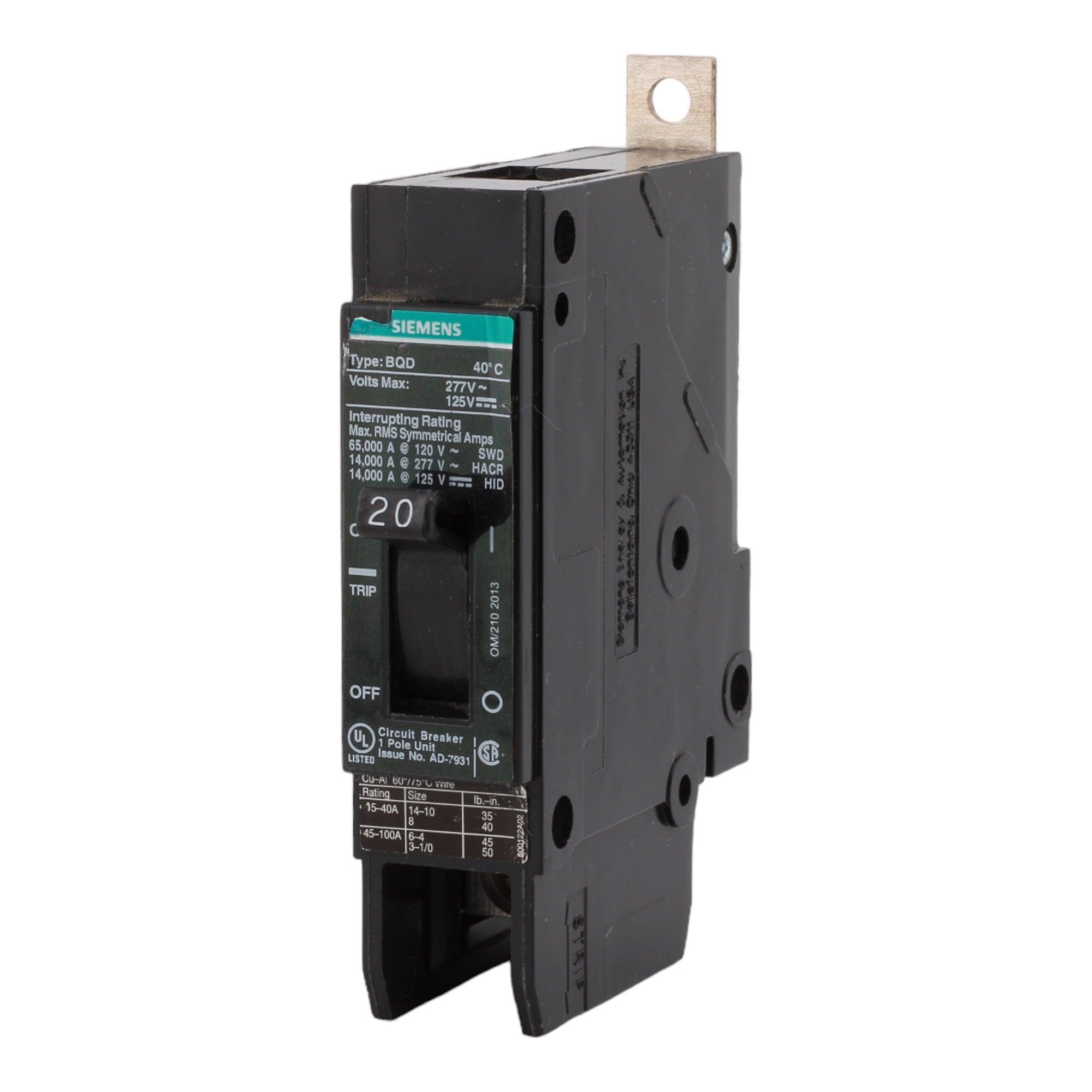 Siemens BQD120 20 Amp Single-Pole Circuit Breaker - 277VAC, 125VDC, 14kA, Bolt-On, UL Listed - Image 3