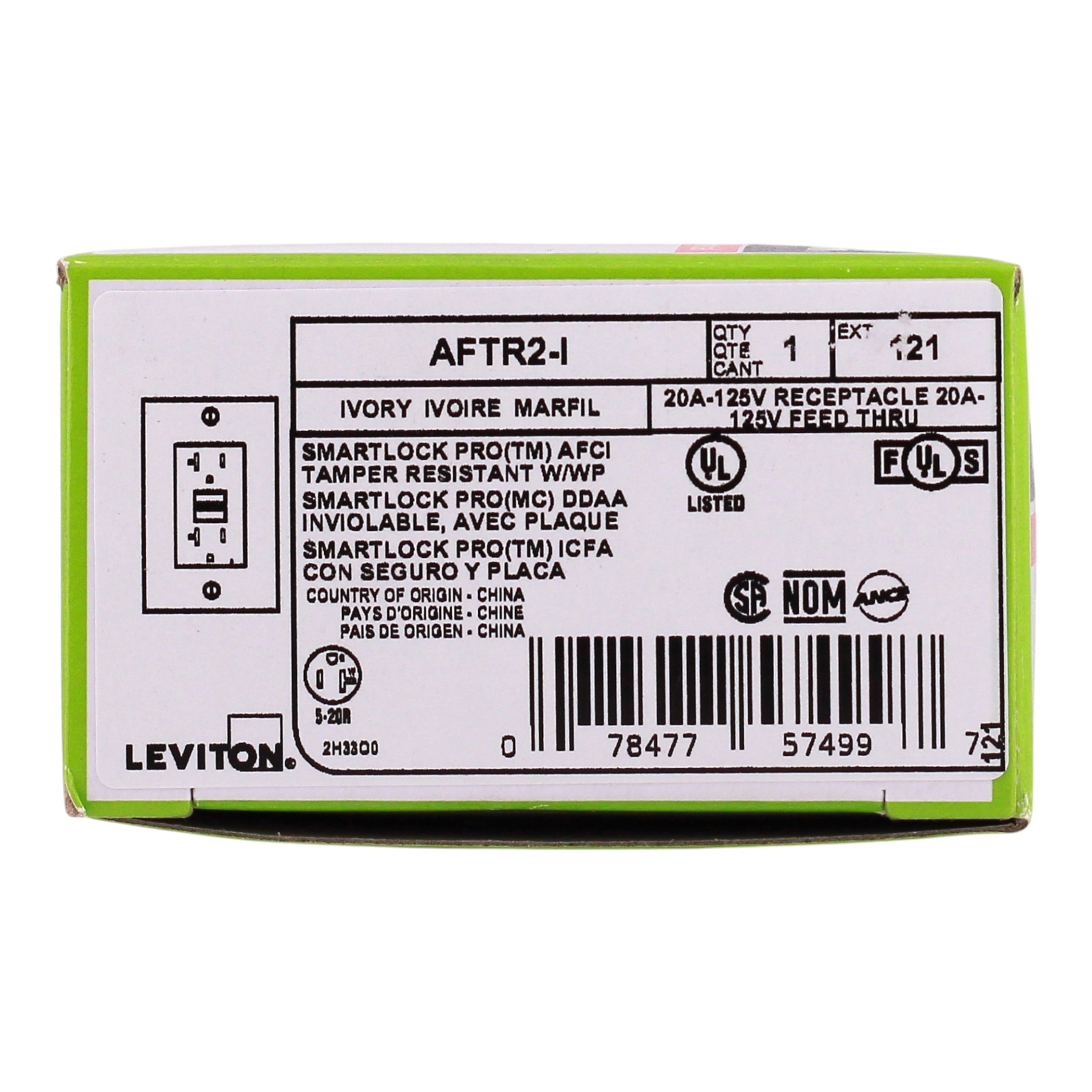 Leviton SmartlockPro, AFTR2-I, 20A, 125V, NEMA 5-20R, Tamper-Resistant, AFCI Outlet, Ivory - Image 2