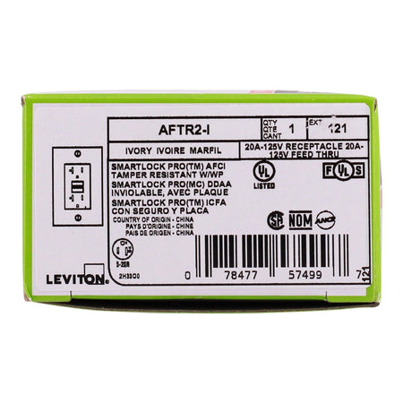 Leviton SmartlockPro, AFTR2-I, 20A, 125V, NEMA 5-20R, Tamper-Resistant, AFCI Outlet, Ivory - Image 2