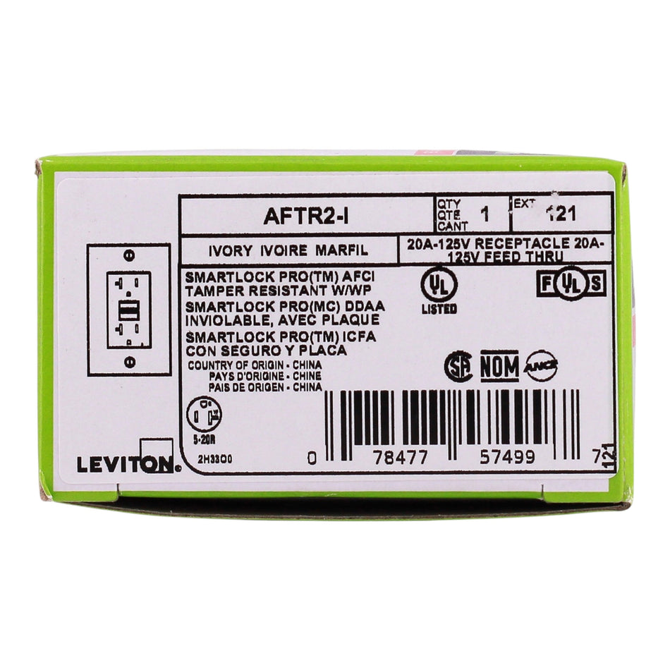 Leviton SmartlockPro, AFTR2-I, 20A, 125V, NEMA 5-20R, Tamper-Resistant, AFCI Outlet, Ivory - Image 2