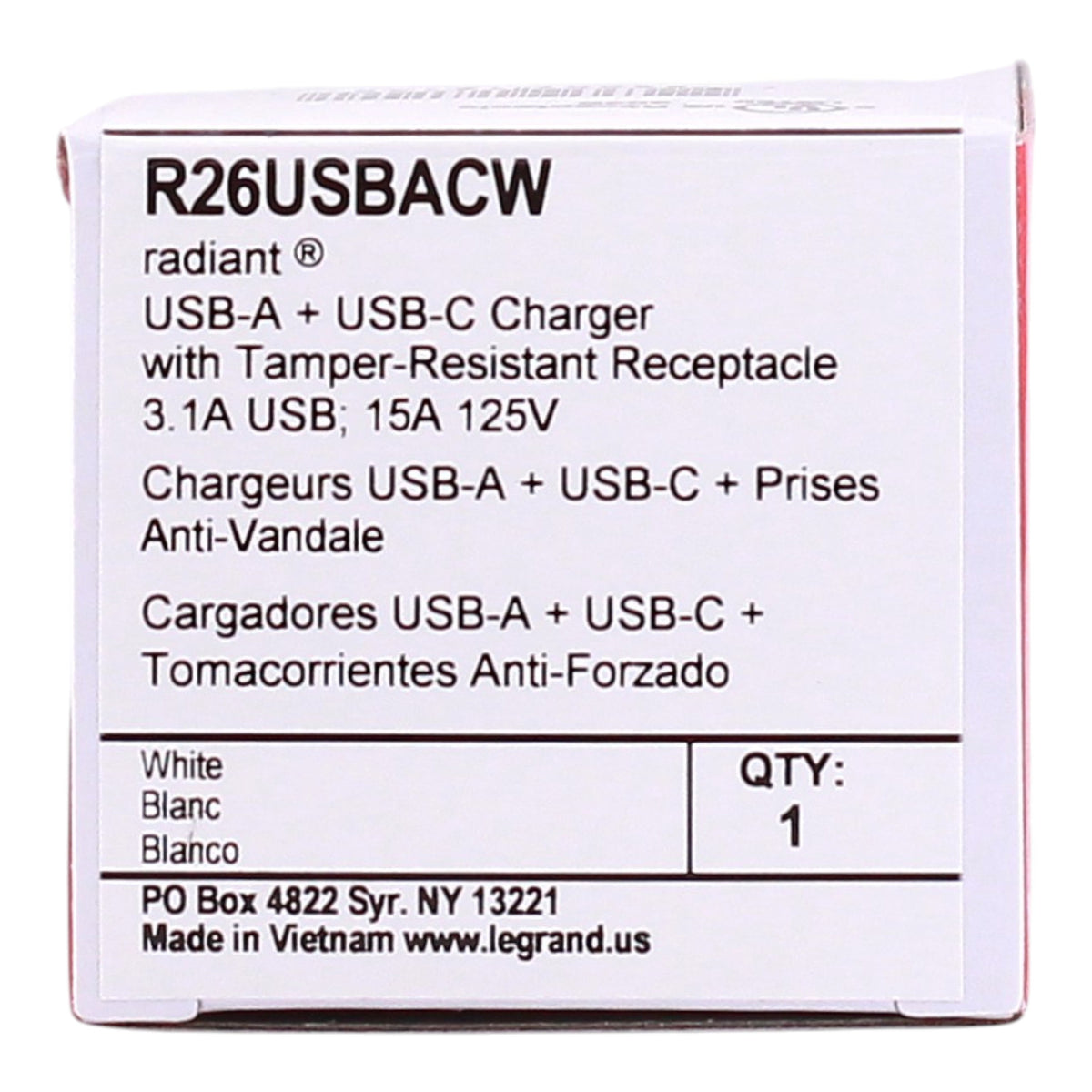 Pass & Seymour Radiant, R26USBACW, 15A, 125V, NEMA 5-15R, USB Type-A/Type-C Combo Outlet, Tamper-Resistant, White - Image 3