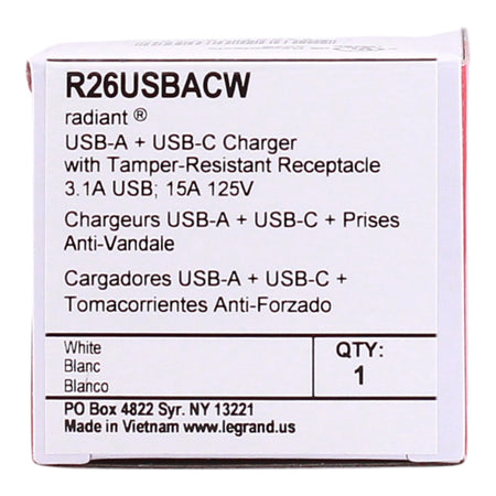 Pass & Seymour Radiant, R26USBACW, 15A, 125V, NEMA 5-15R, USB Type-A/Type-C Combo Outlet, Tamper-Resistant, White - Image 3