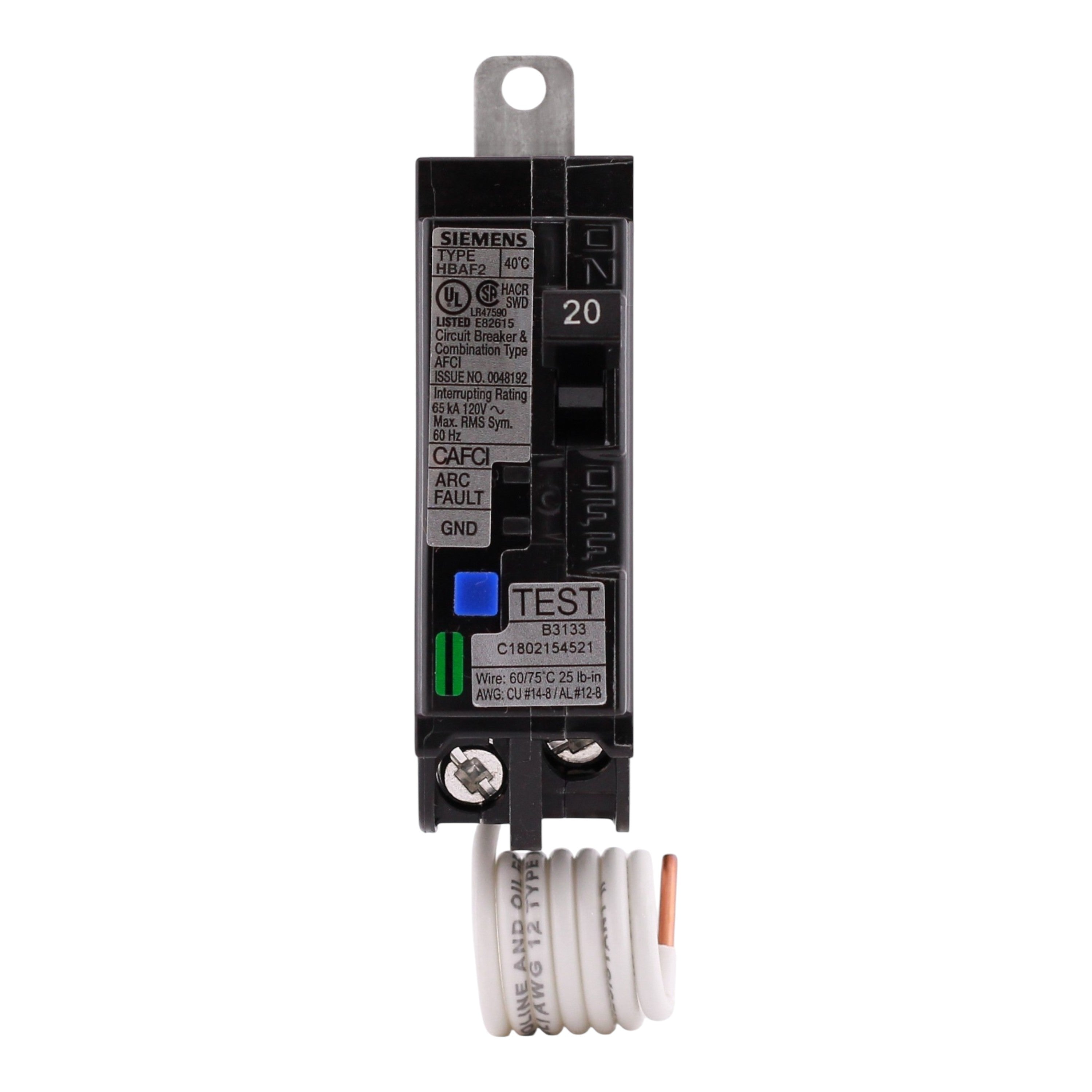 Siemens BA120AFCHH, 20A, 120V, 1-Pole, AFCI Circuit Breaker, 65kA Interrupt Rating, Thermal Magnetic, Panelboard Mounting - Image 4