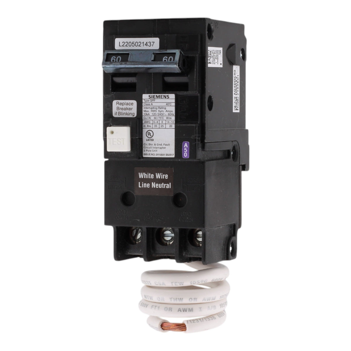 Siemens QF260A 60 Amps 120/240 Volts Two-Pole Ground Fault Circuit Interrupter Pigtail Neutral - Image 3