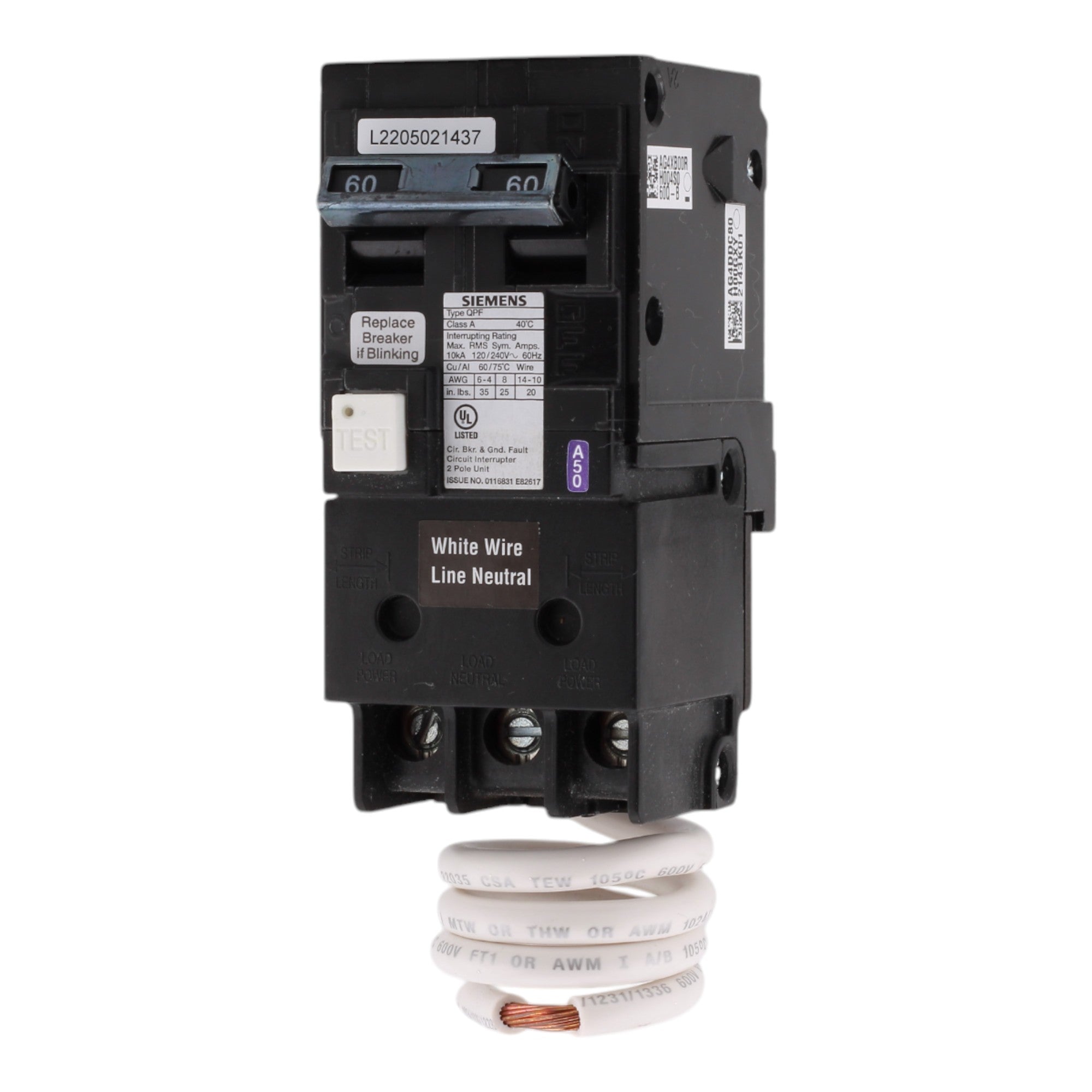 Siemens QF260A 60 Amps 120/240 Volts Two-Pole Ground Fault Circuit Interrupter Pigtail Neutral - Image 3