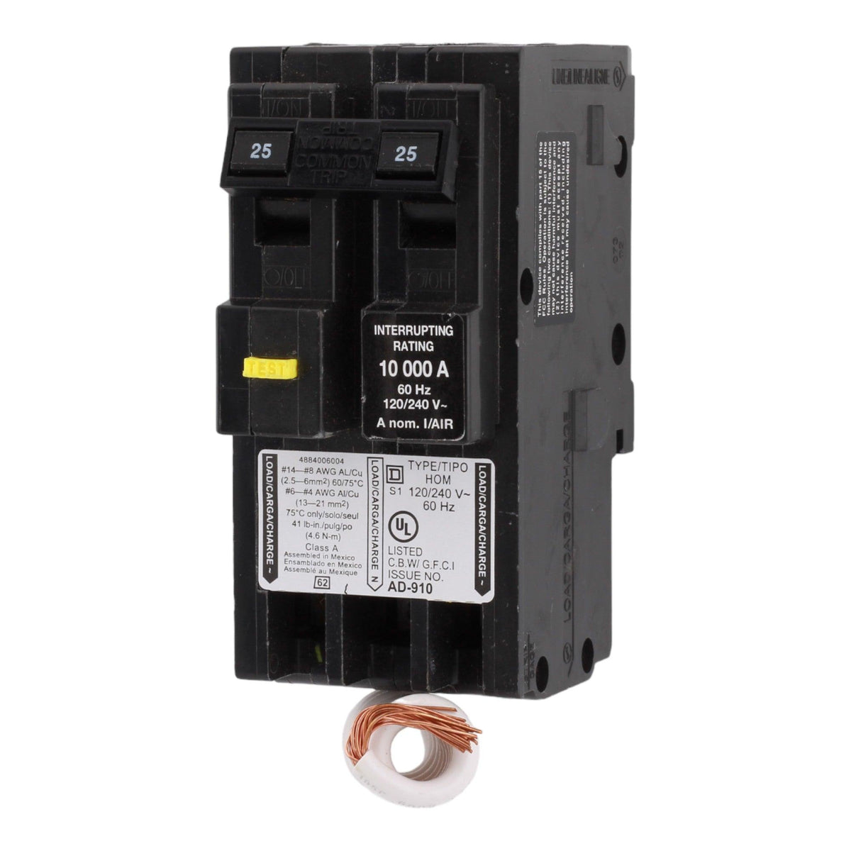 Square D HOM225GFI 25 Amp Double Pole 240V Pigtail-Neutral GFCI Ground Fault Circuit Breaker UL - Image 3