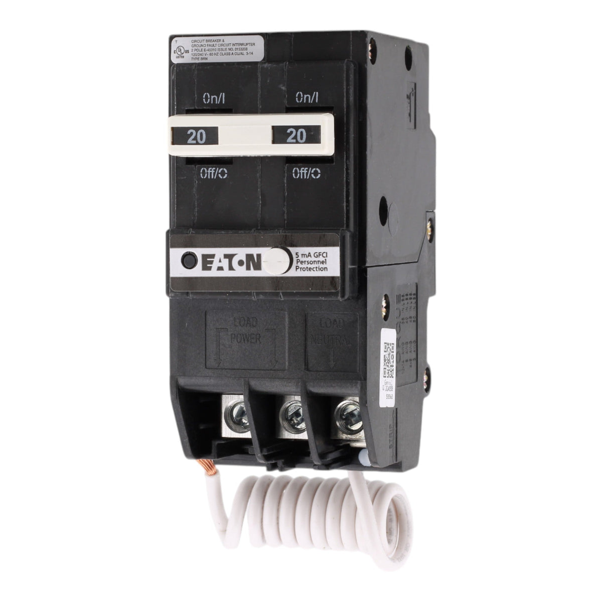 Eaton BRN220GF 20A 120/240V 2-Pole GFCI Circuit Breaker for BR Loadcenters, Pigtail Neutral, Ground Fault Protection - Image 3