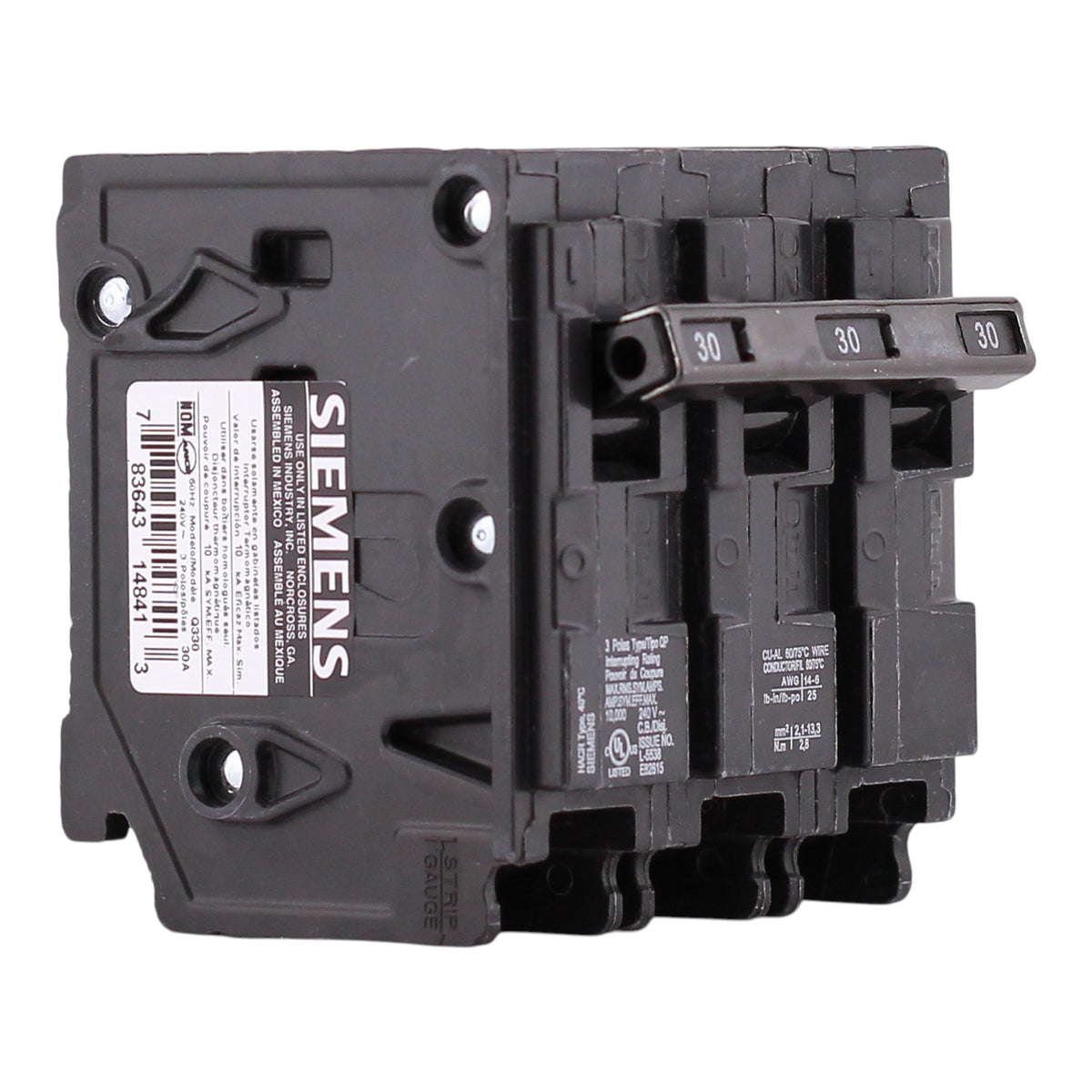 Siemens QP, Q330, 30A, 3P, 240V, Thermal Magnetic, Plug-In, Circuit Breaker