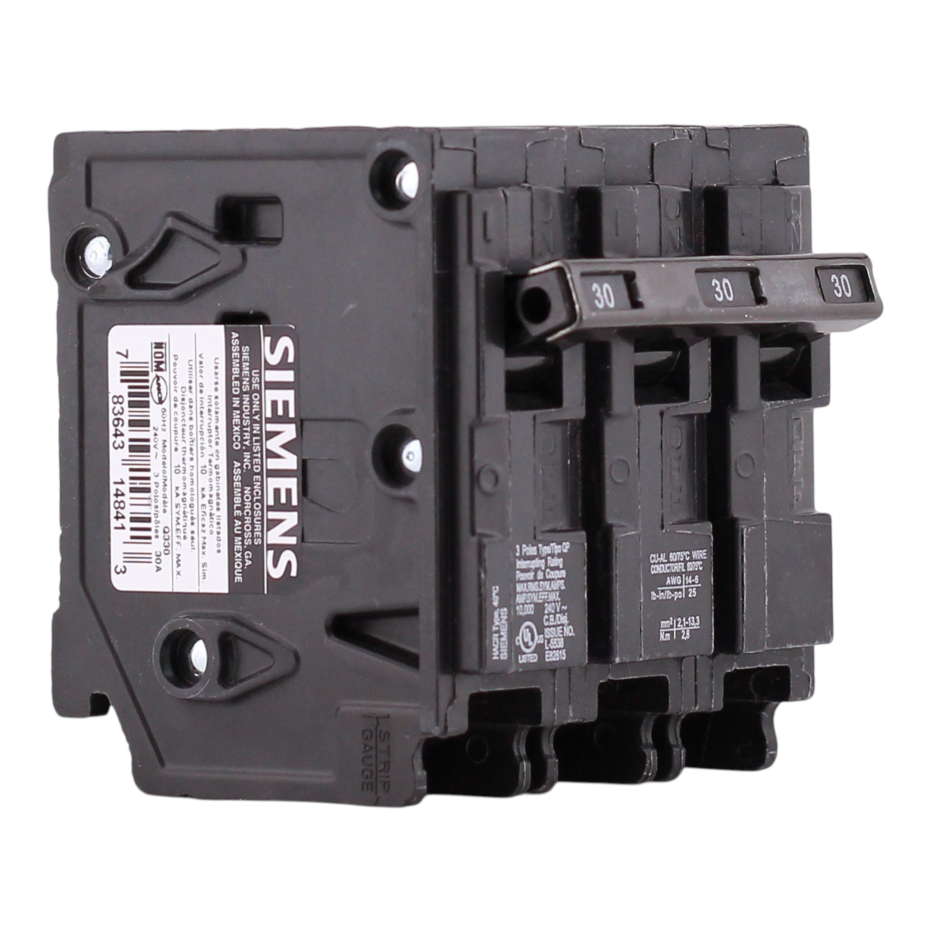 Siemens QP, Q330, 30A, 3P, 240V, Thermal Magnetic, Plug-In, Circuit Breaker