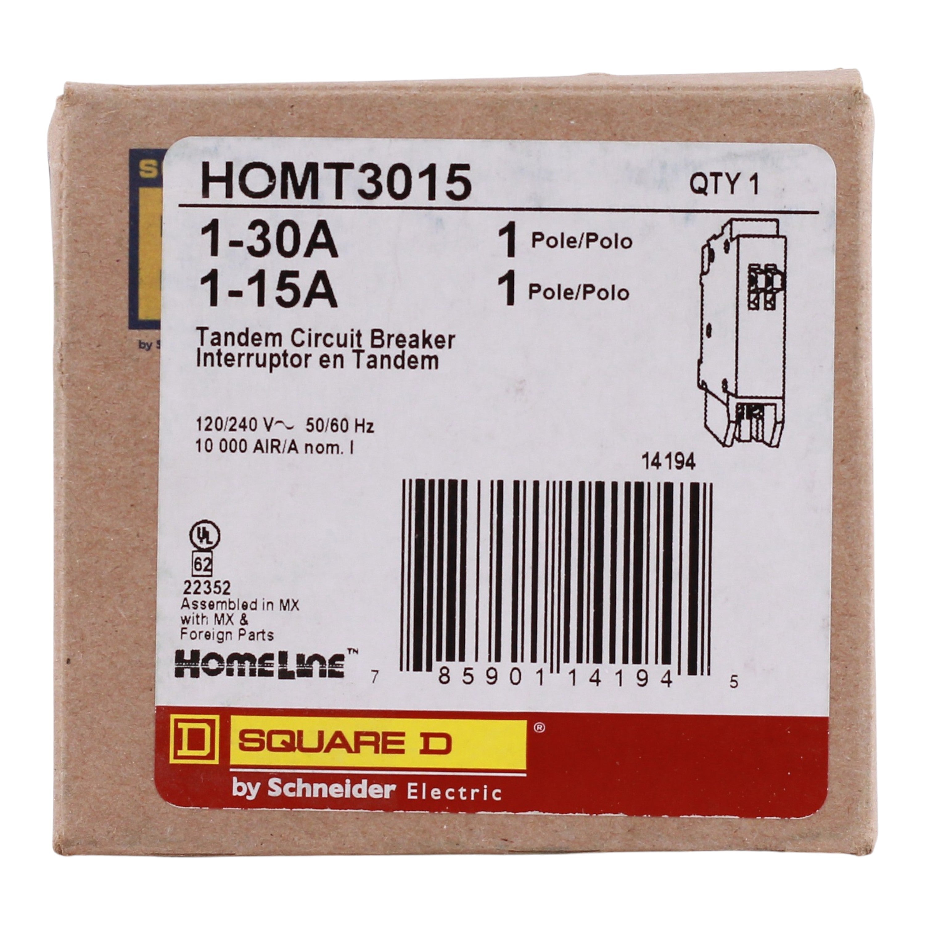 Square D Homeline, HOMT3015, 30A/15A, 2x1P, 120/240V, Tandem, Circuit Breaker - Image 3