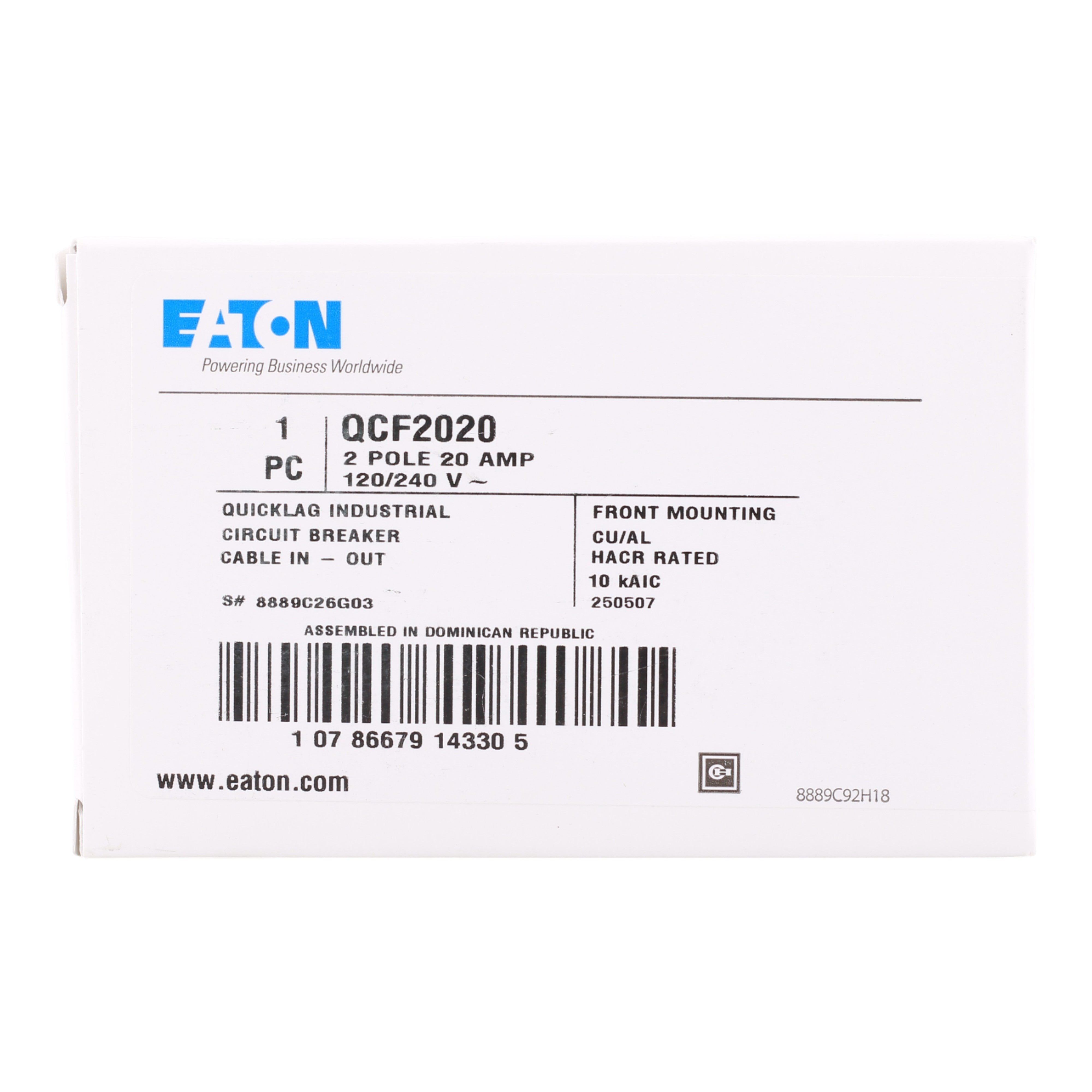 Eaton Quicklag QCF2020 20A 2P 120/240V Thermal-Magnetic Cable-In/Cable-Out Circuit Breaker - Image 3