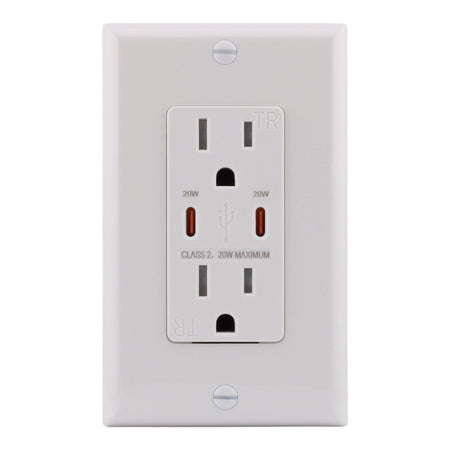 RES POWER 15A USB Outlet, Fast Charging, Type C/C, Tamper-Resistant, cULus Listed, White - Image 2