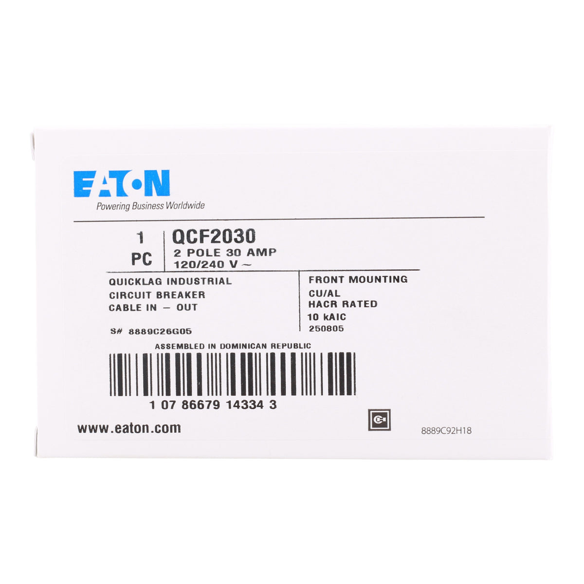 Eaton Quicklag QCF2030 30A 2P 120/240V Thermal-Magnetic Cable-In/Cable-Out Circuit Breaker - Image 3