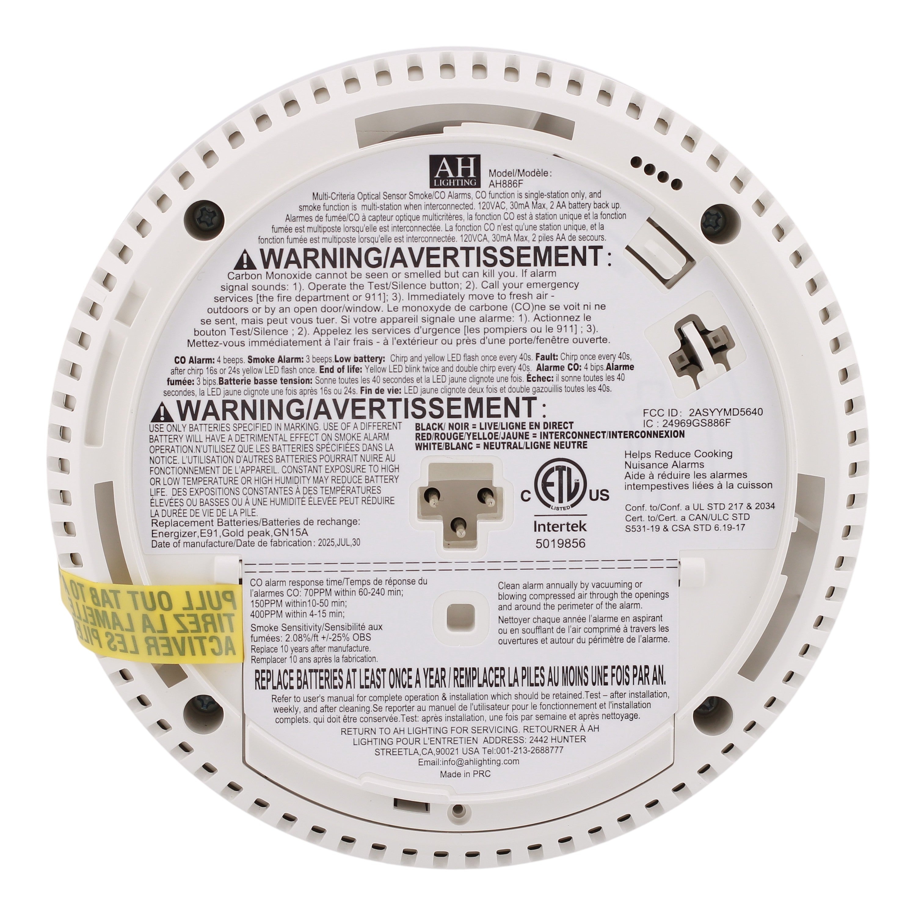 AH Lighting, AH886F, Combo Smoke & CO Alarm, 120V, Hardwired, 9V Backup, Interconnectable - Image 8